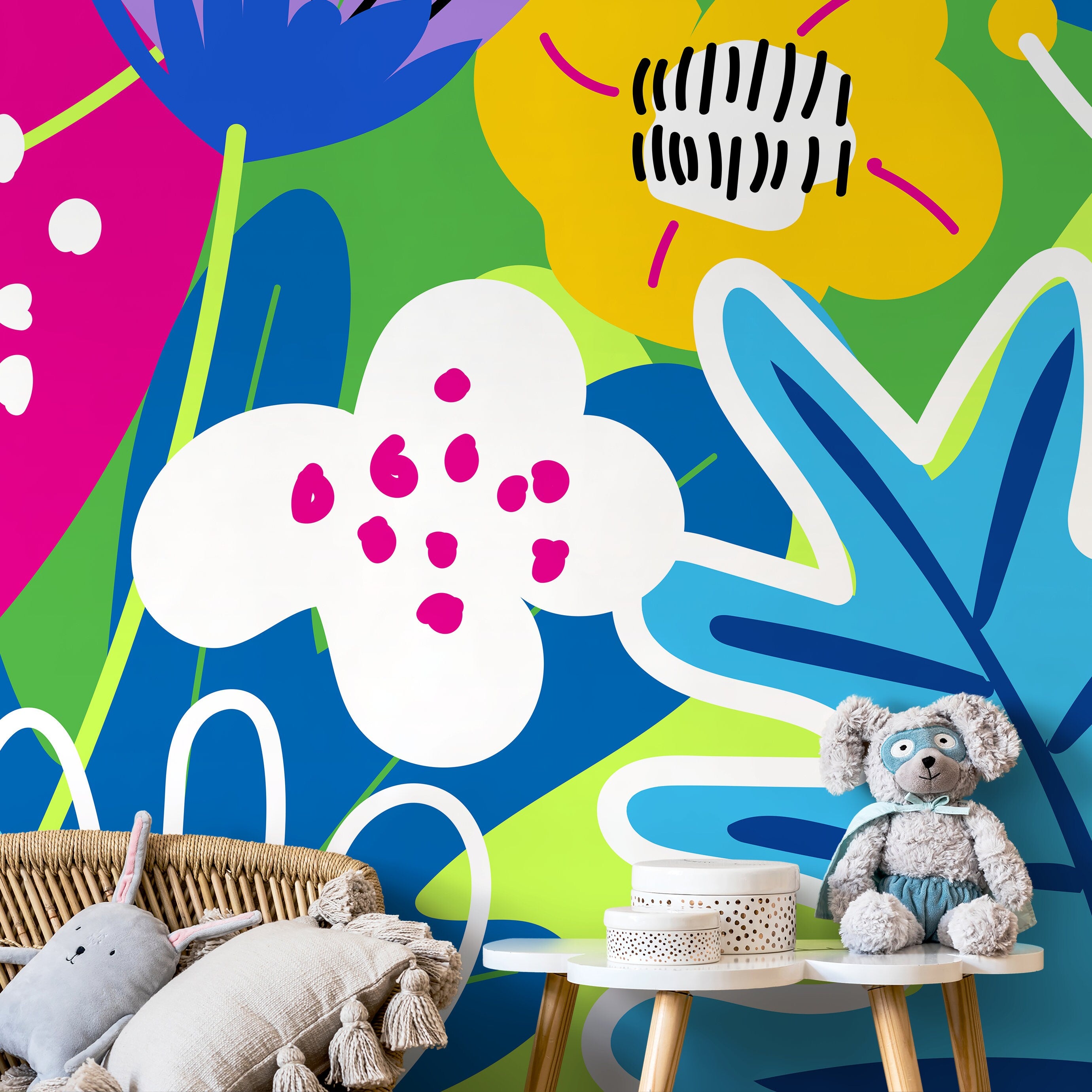 Abstract Wallpaper Featuring Graphic Flowers In Blue, Pink, And Yellow - D553