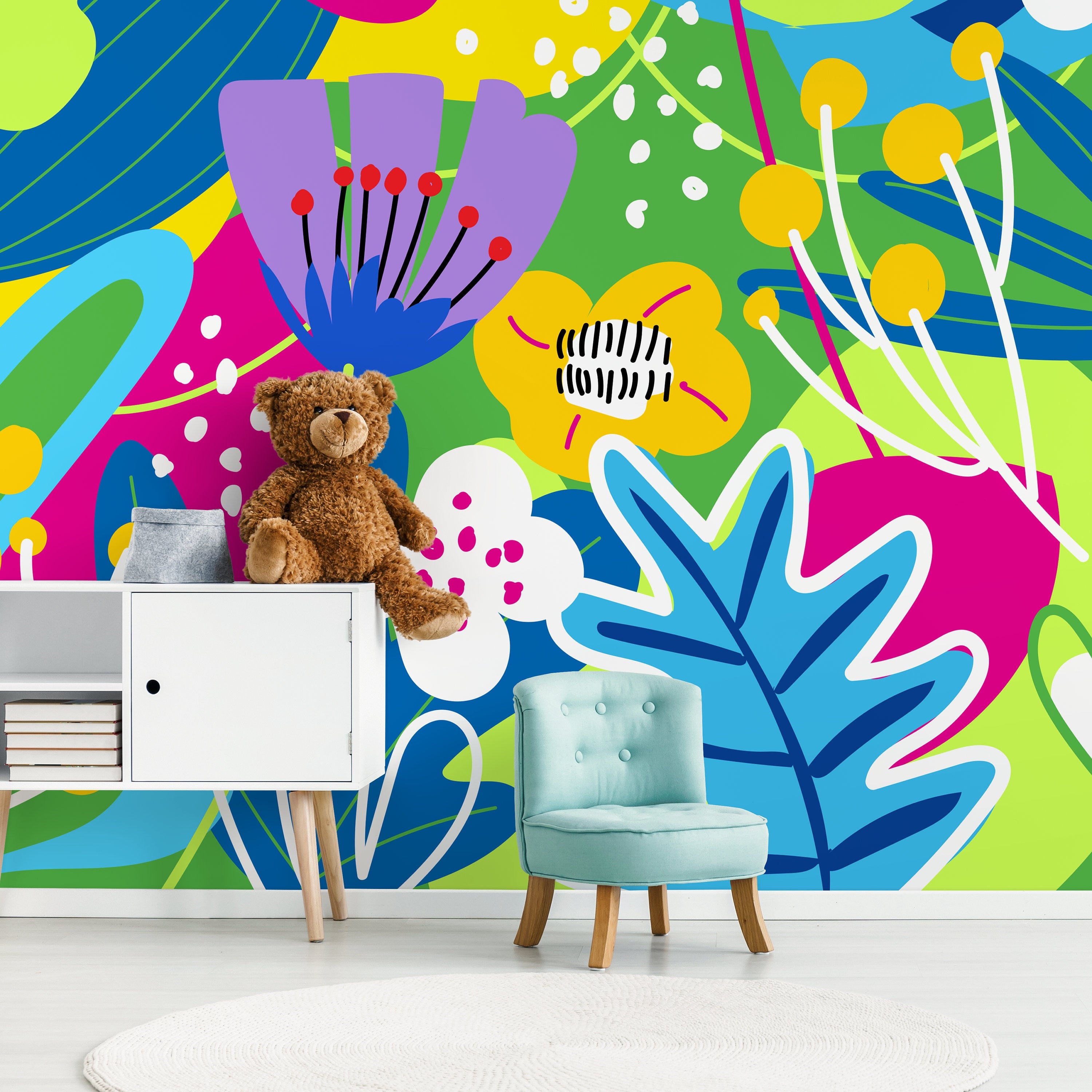 Abstract Wallpaper Featuring Graphic Flowers In Blue, Pink, And Yellow - D553