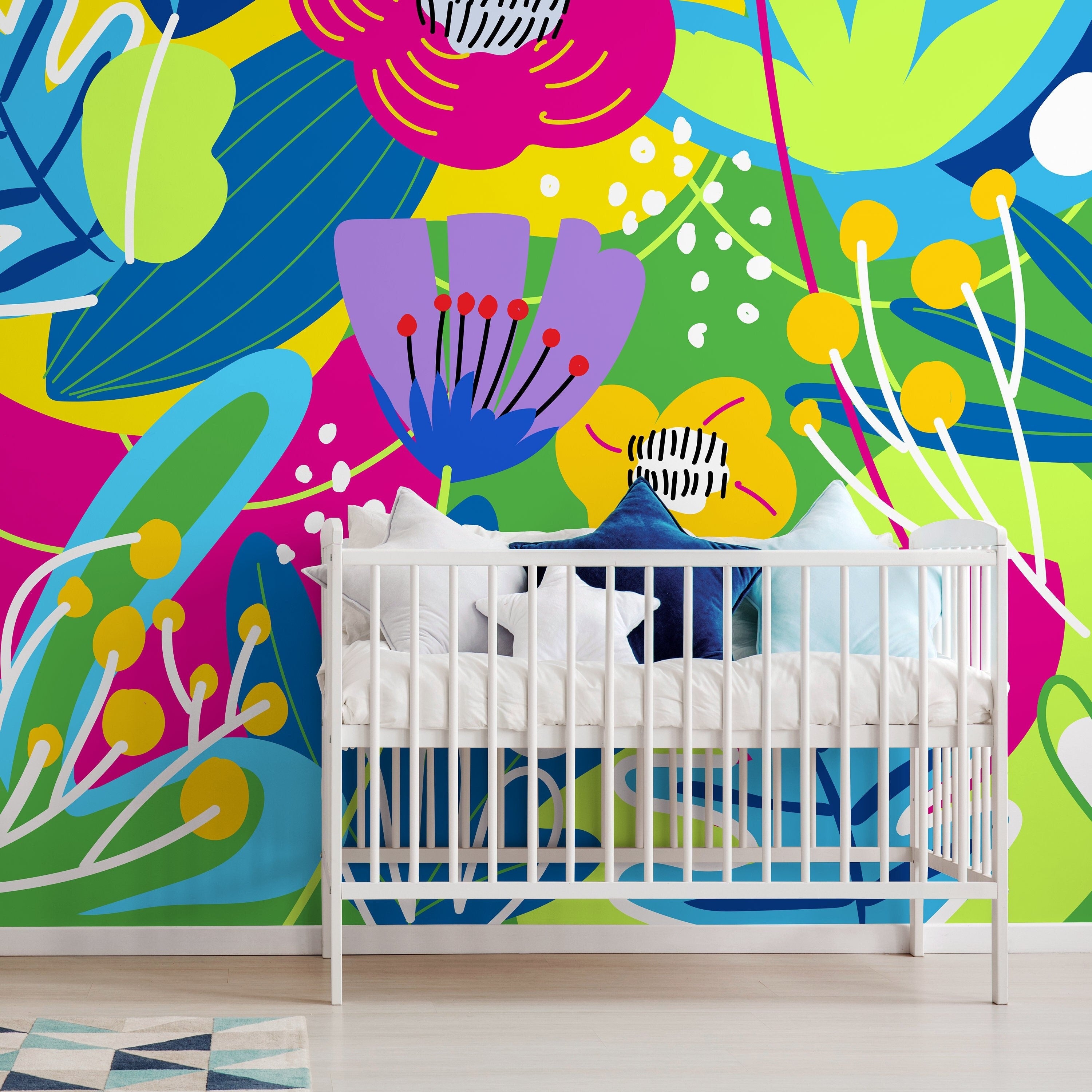 Abstract Wallpaper Featuring Graphic Flowers In Blue, Pink, And Yellow - D553