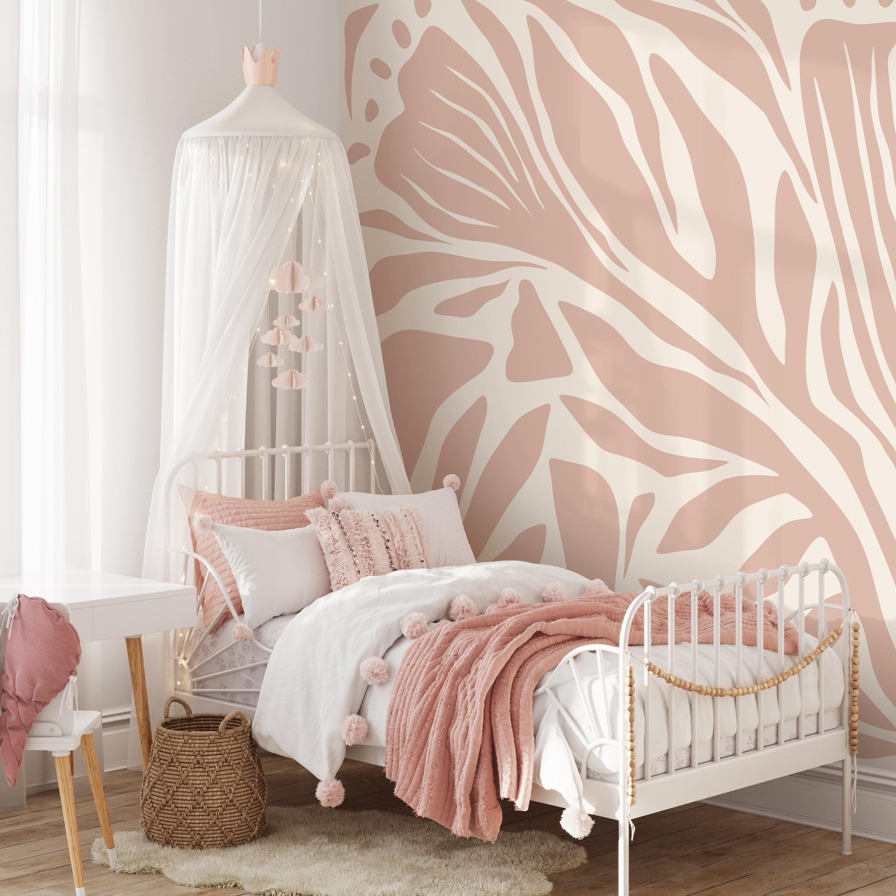 Abstract Wallpaper With Stylized Zebra Stripes In Light Pink And Cream - D694