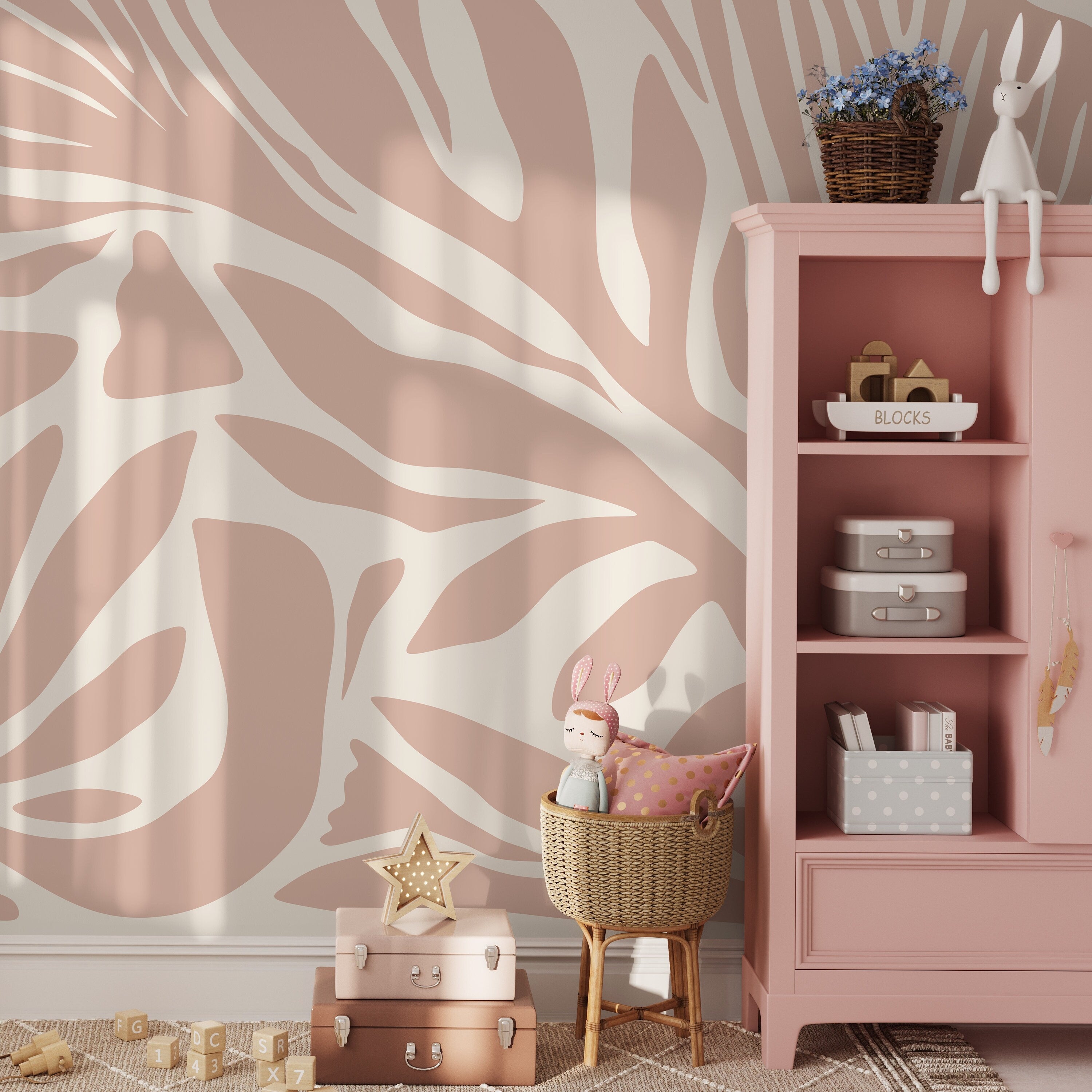 Abstract Wallpaper With Stylized Zebra Stripes In Light Pink And Cream - D694