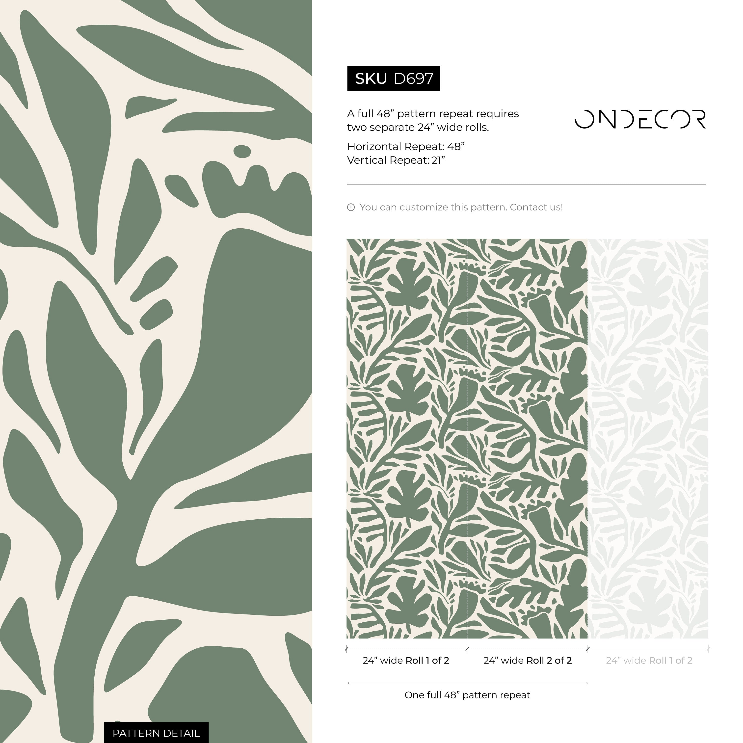 Abstract Wallpaper With A Stylized Leaf Motif In Sage Green And Cream - D697