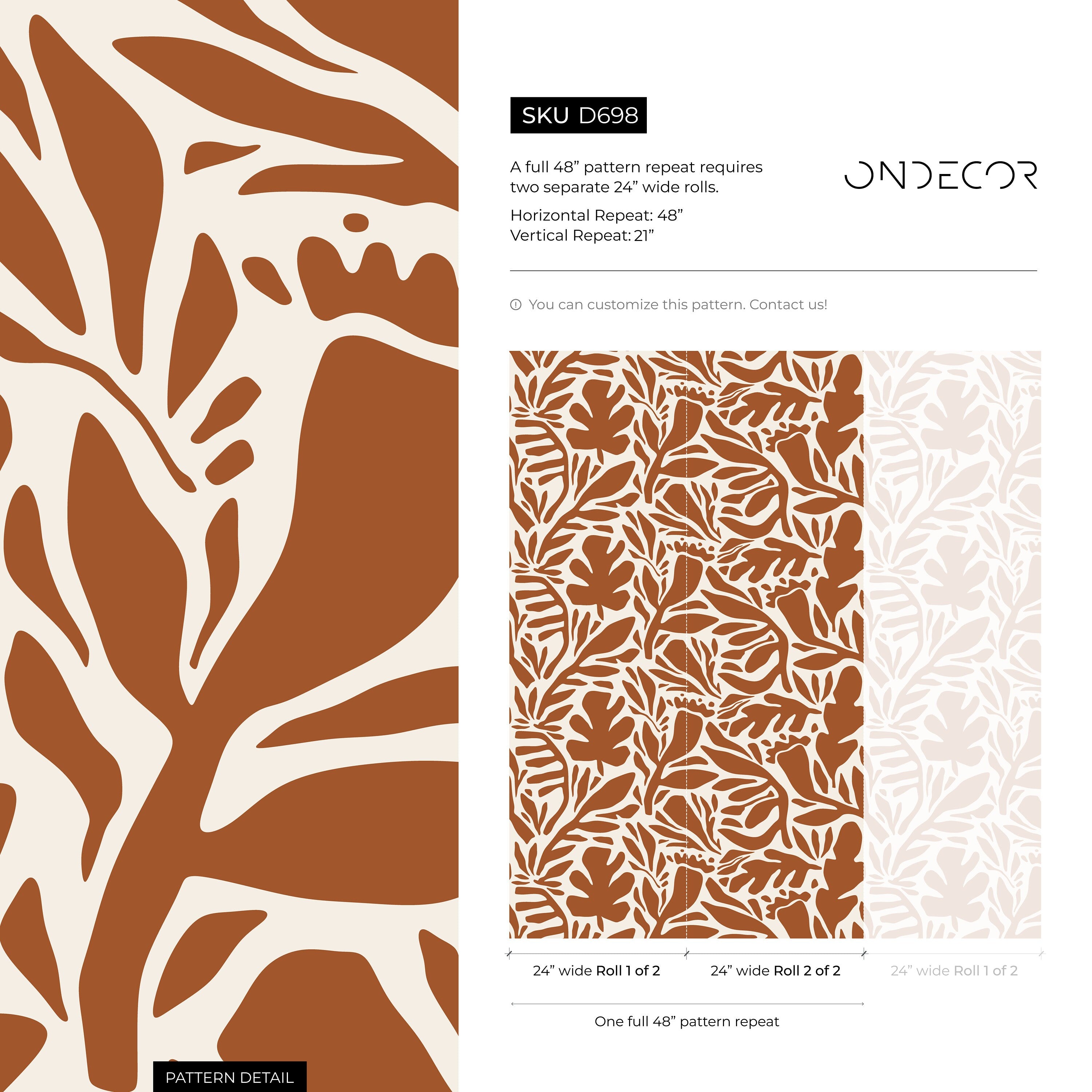 Botanical Wallpaper With A Modern Abstract Leaf Motif In Terracotta - D698