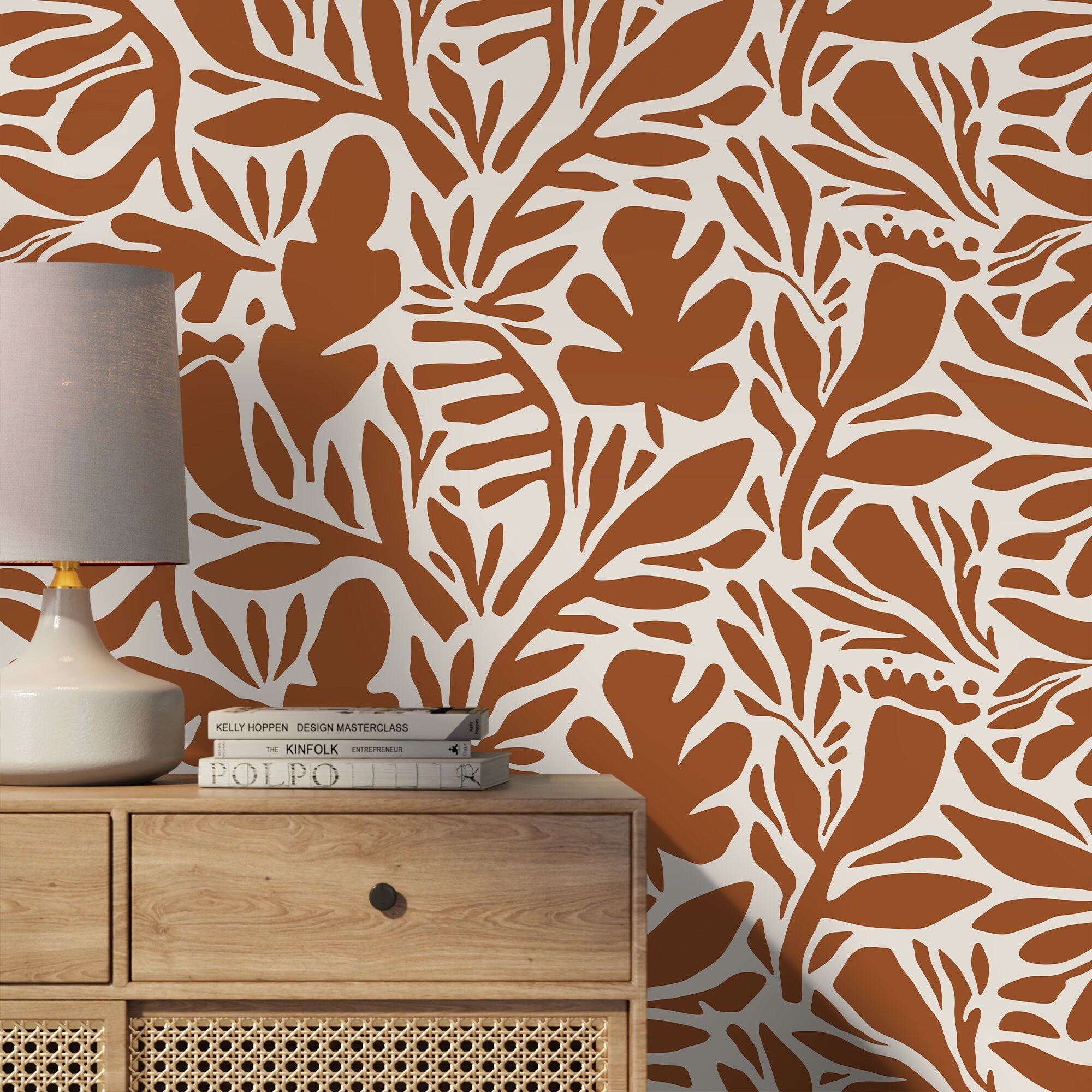 Botanical Wallpaper With A Modern Abstract Leaf Motif In Terracotta - D698