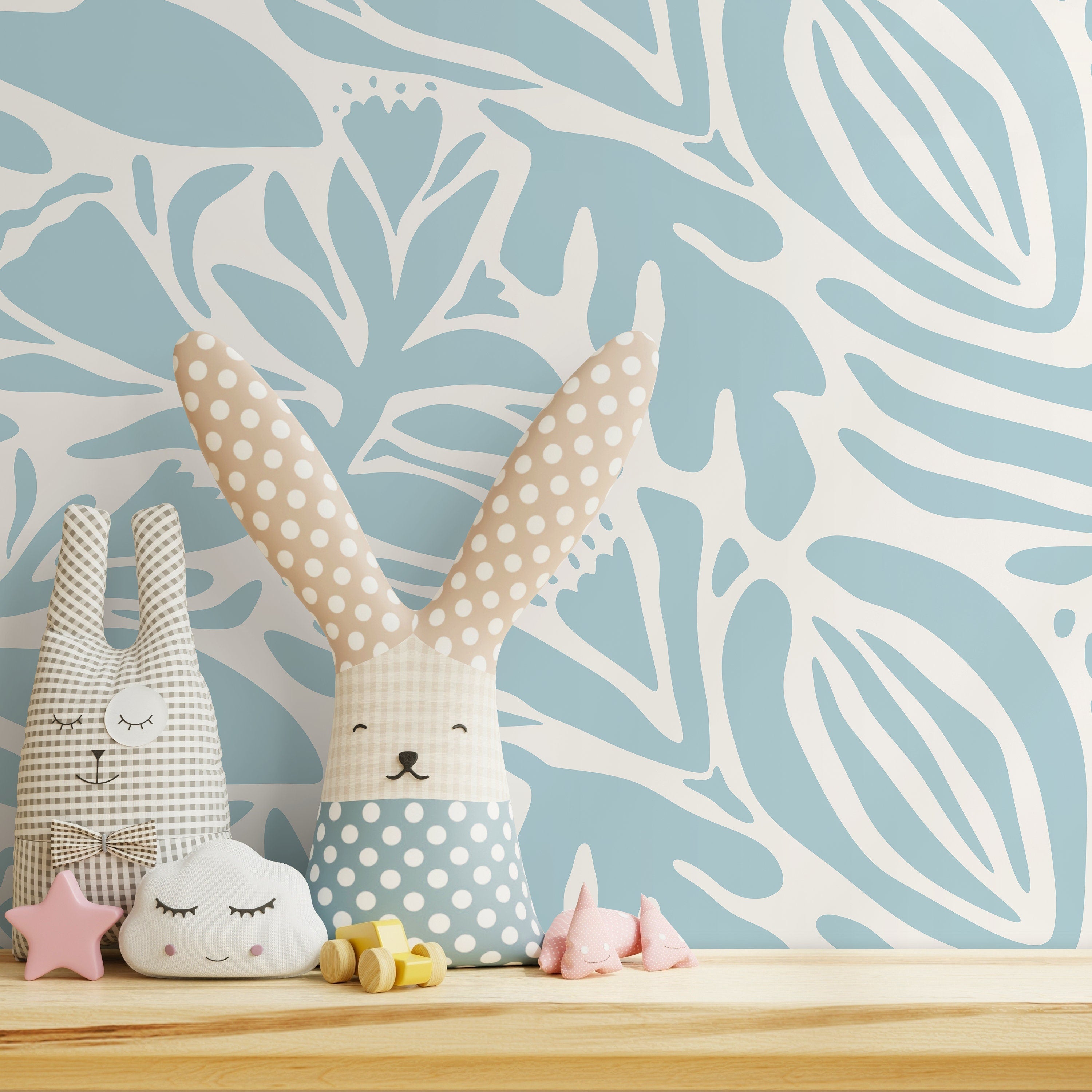 Abstract Floral Wallpaper Featuring Bold Botanical Cutouts In Light Blue - D701