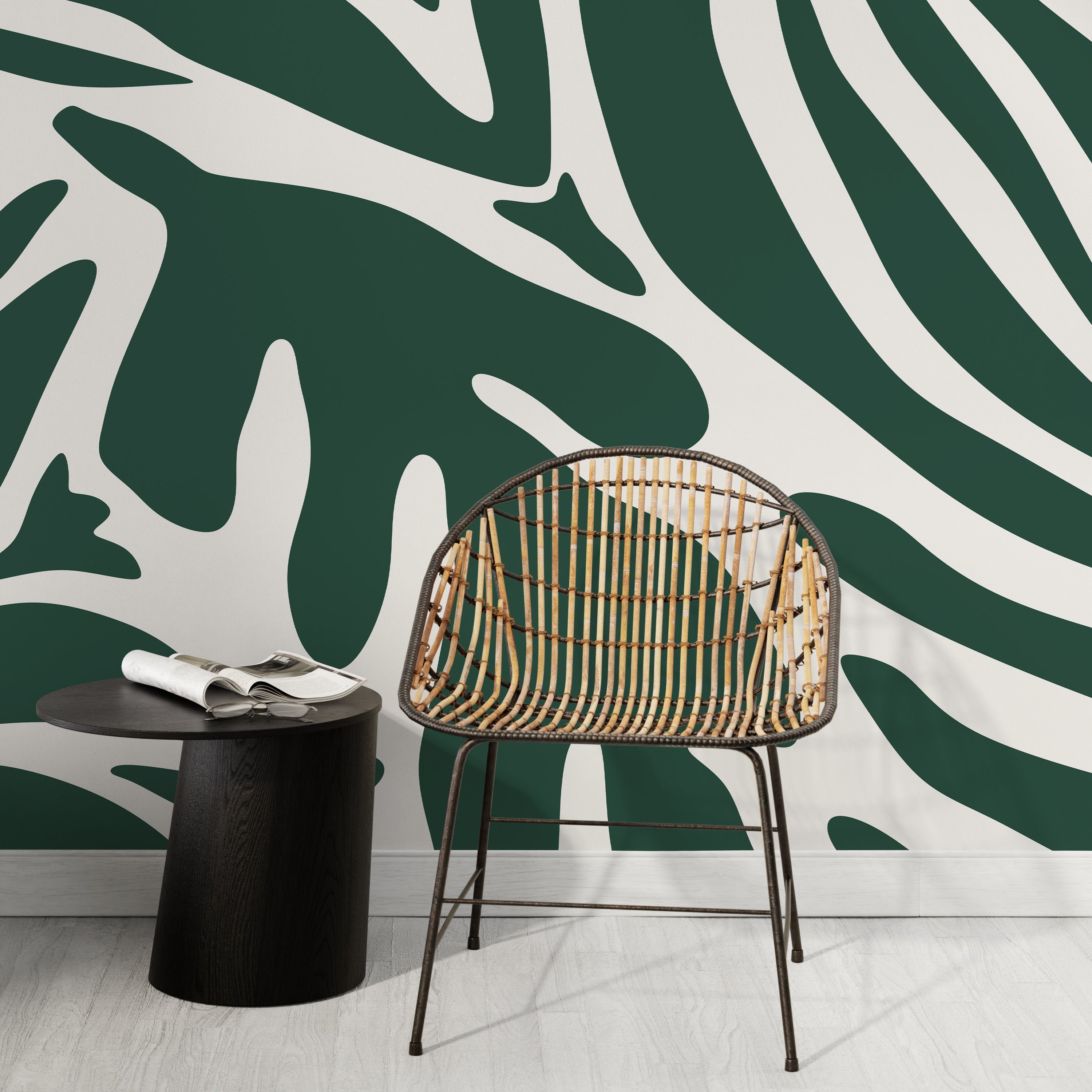Abstract Wallpaper Featuring Bold Floral Silhouettes In Dark Green And White - D705
