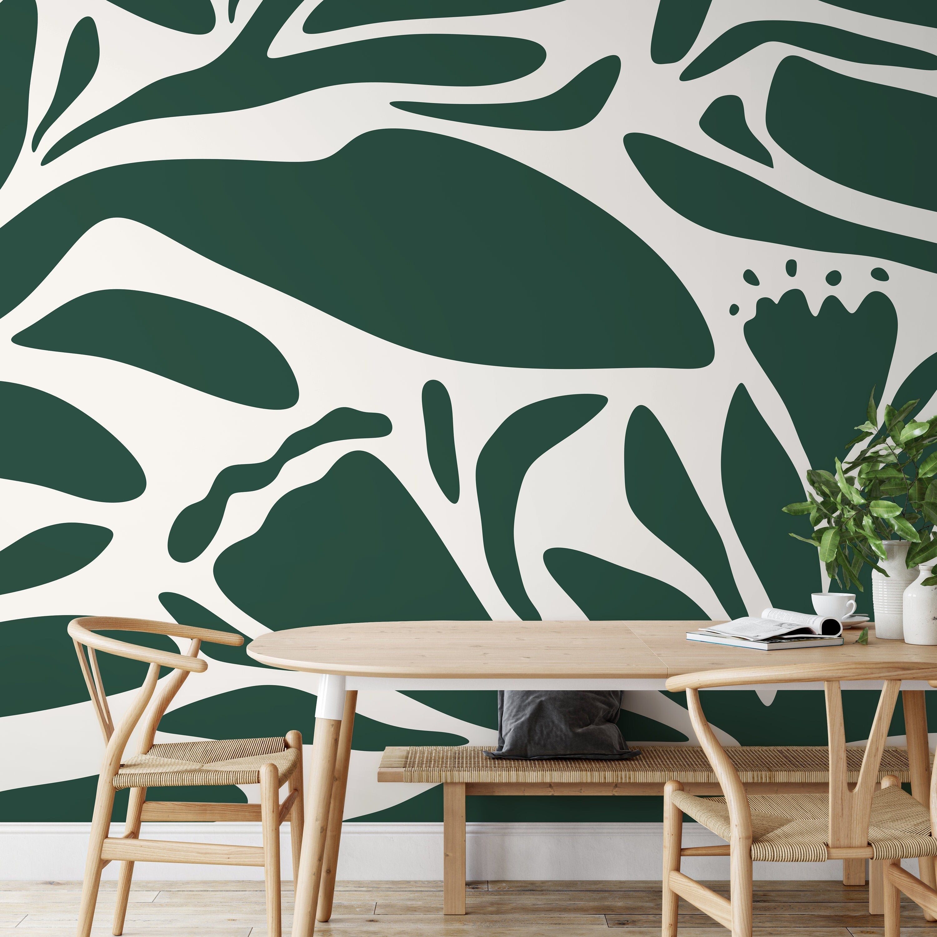 Abstract Wallpaper Featuring Bold Floral Silhouettes In Dark Green And White - D705