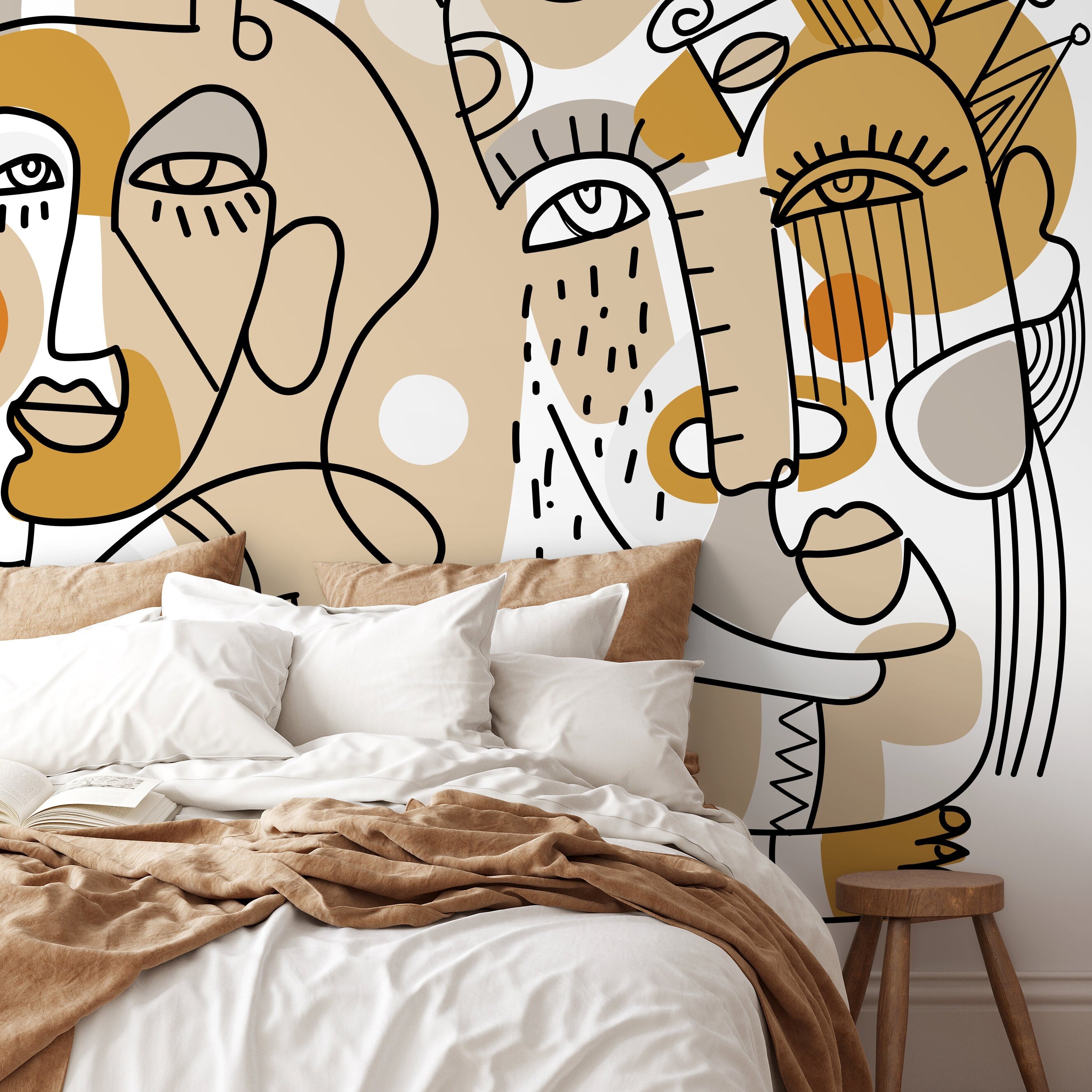 Abstract Wallpaper With Continuous Line Art Faces In Beige, Ochre, And Black - D554