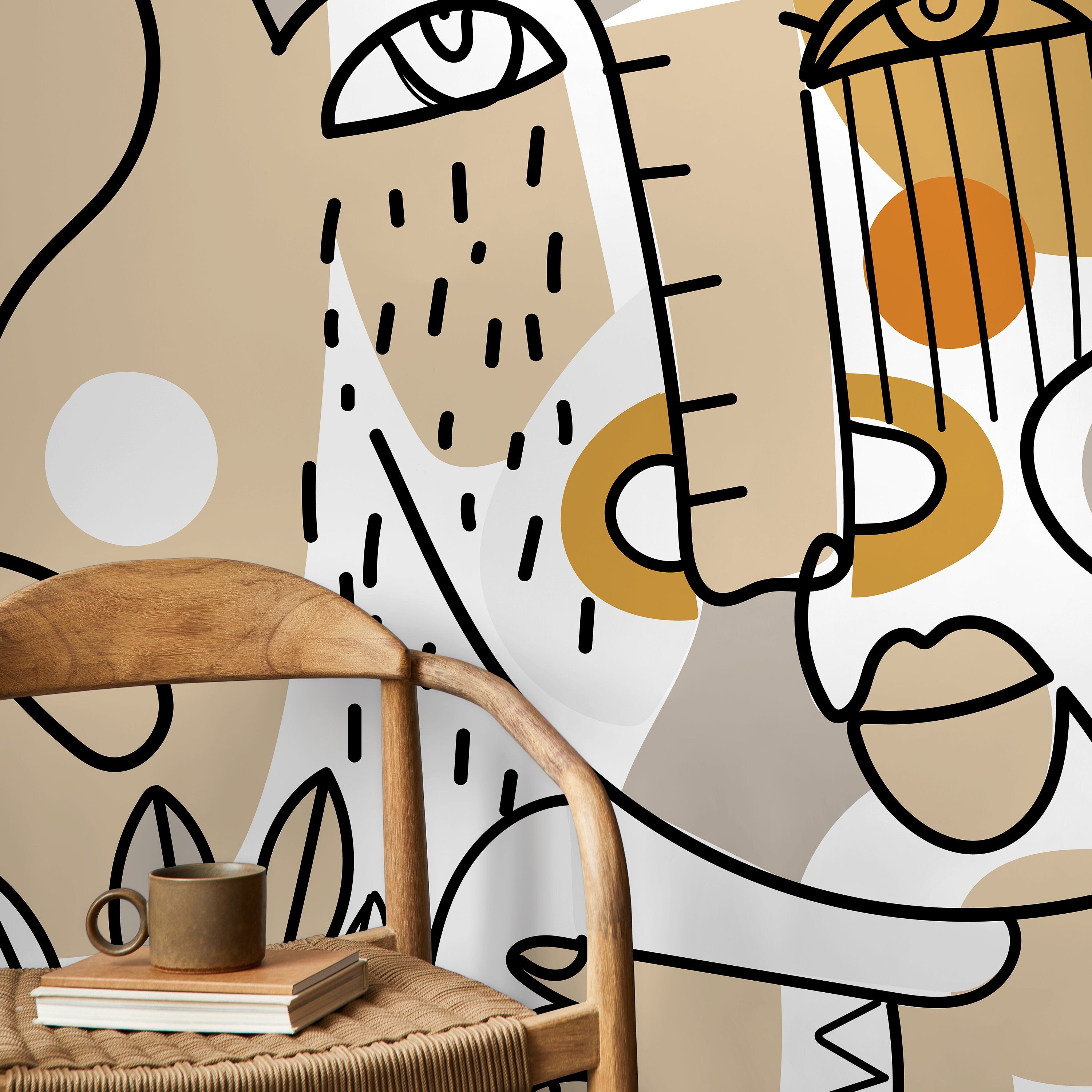 Abstract Wallpaper With Continuous Line Art Faces In Beige, Ochre, And Black - D554