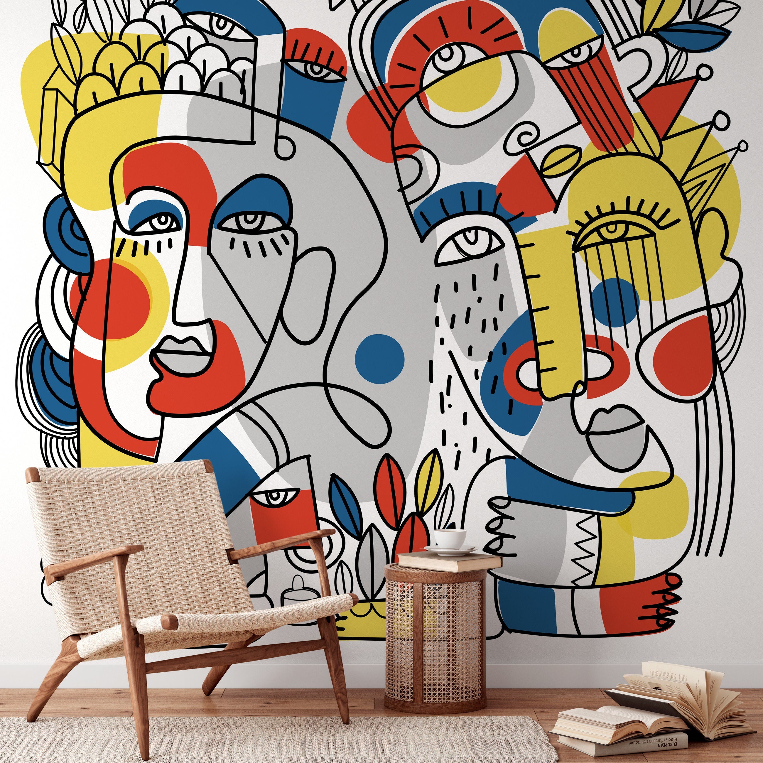 Abstract Wallpaper With Bold Line Art Faces In Yellow, Red, And Blue - D556