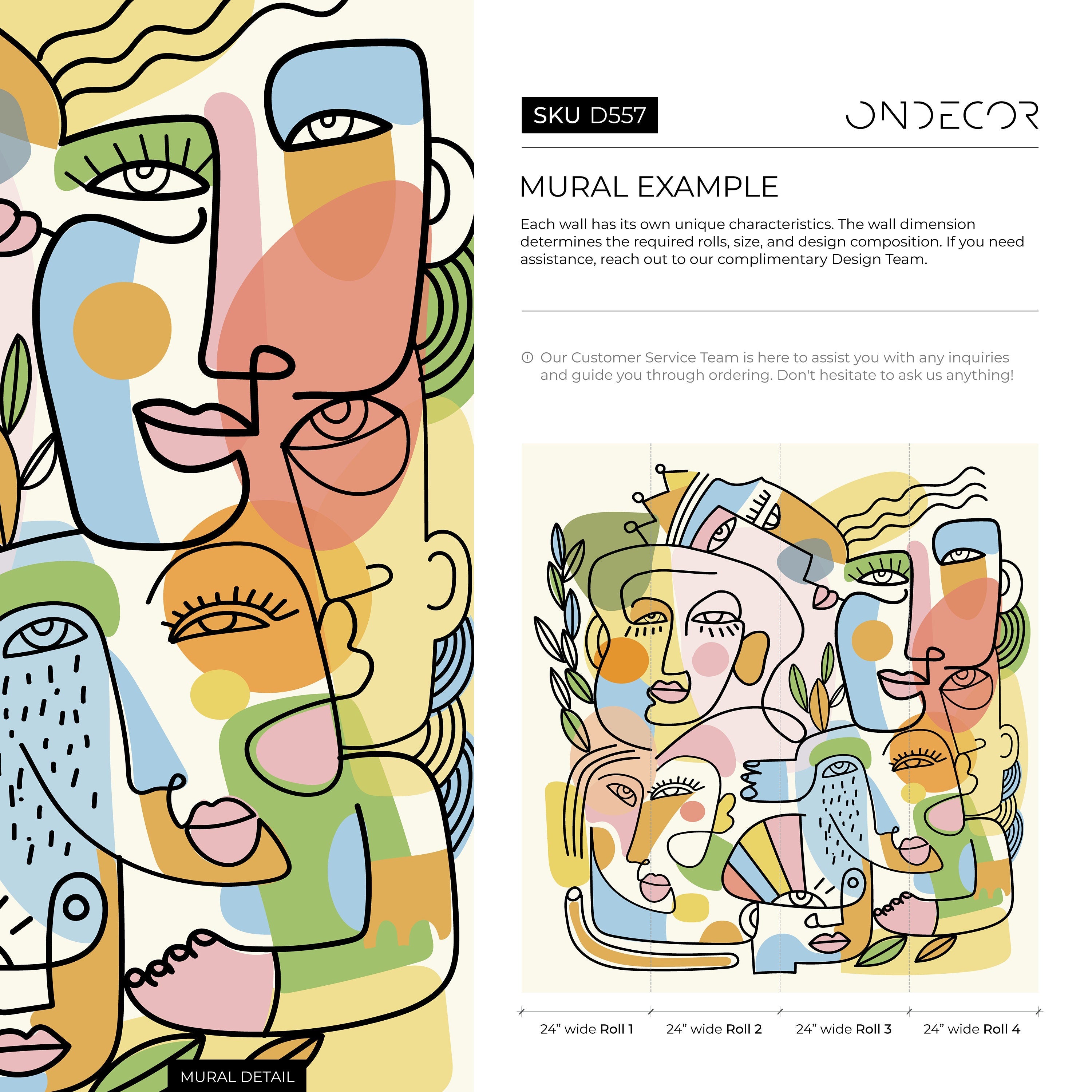 Abstract Wallpaper With Modern Line Art Faces In Blue, Pink, And Yellow - D557