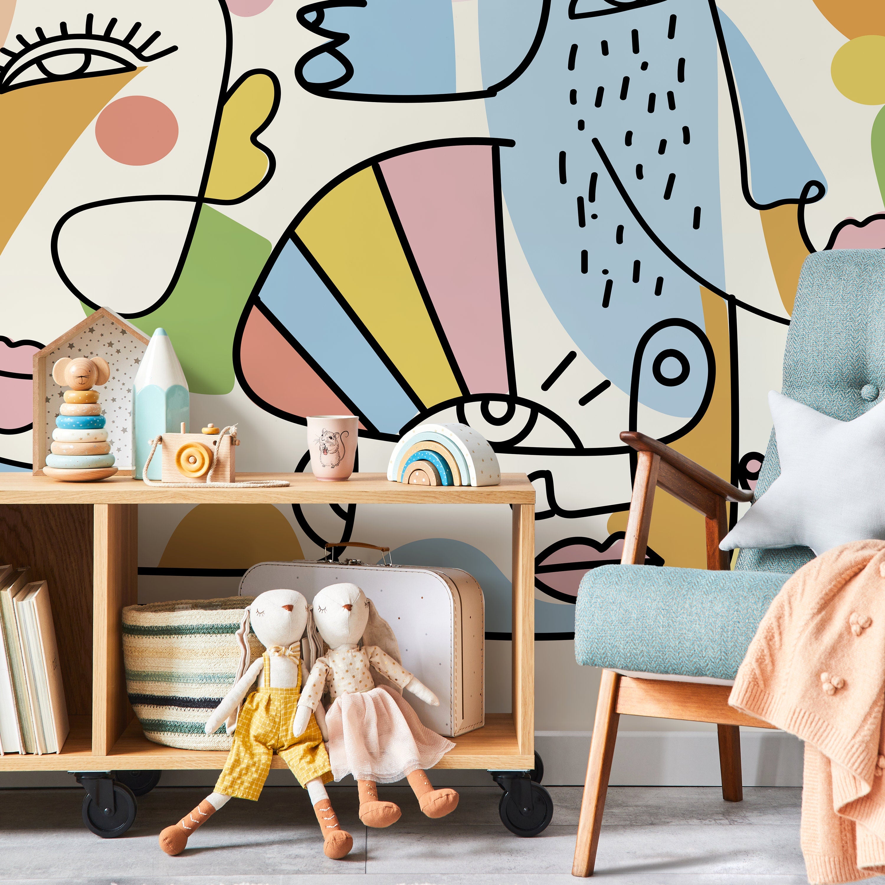 Abstract Wallpaper With Modern Line Art Faces In Blue, Pink, And Yellow - D557