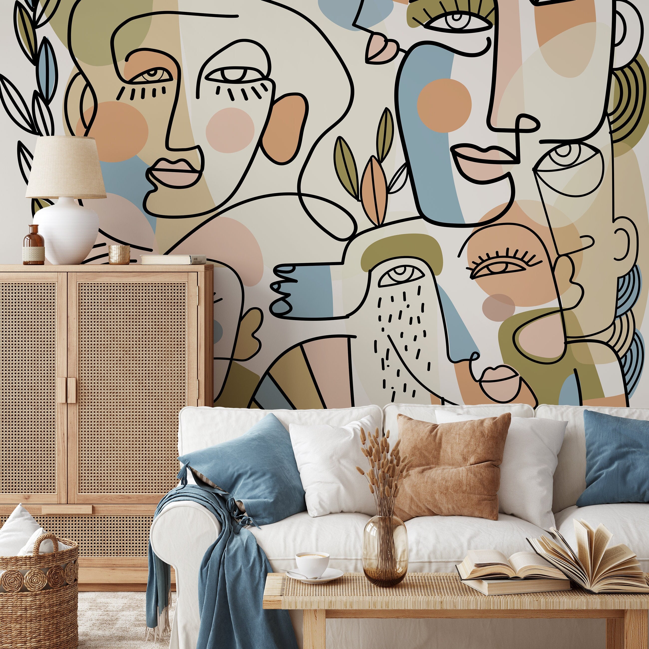 Abstract Wallpaper With Continuous Line Art Faces In Blue, Green, And Terracotta - D558