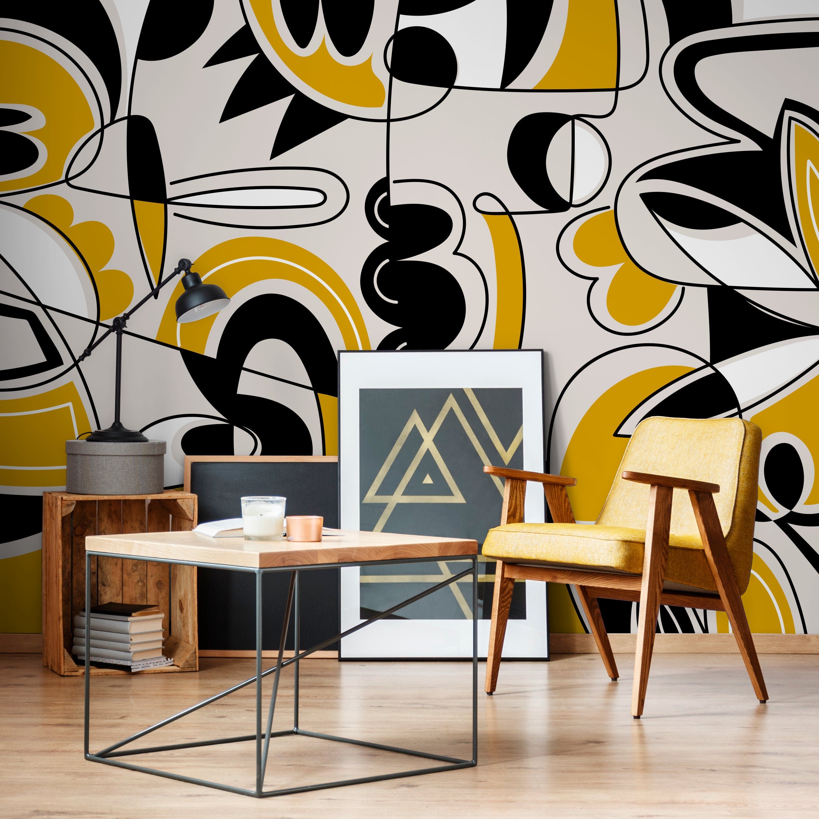 Abstract Wallpaper With A Bold Graphic Line Art Motif In Black, Yellow, And Gray - D560