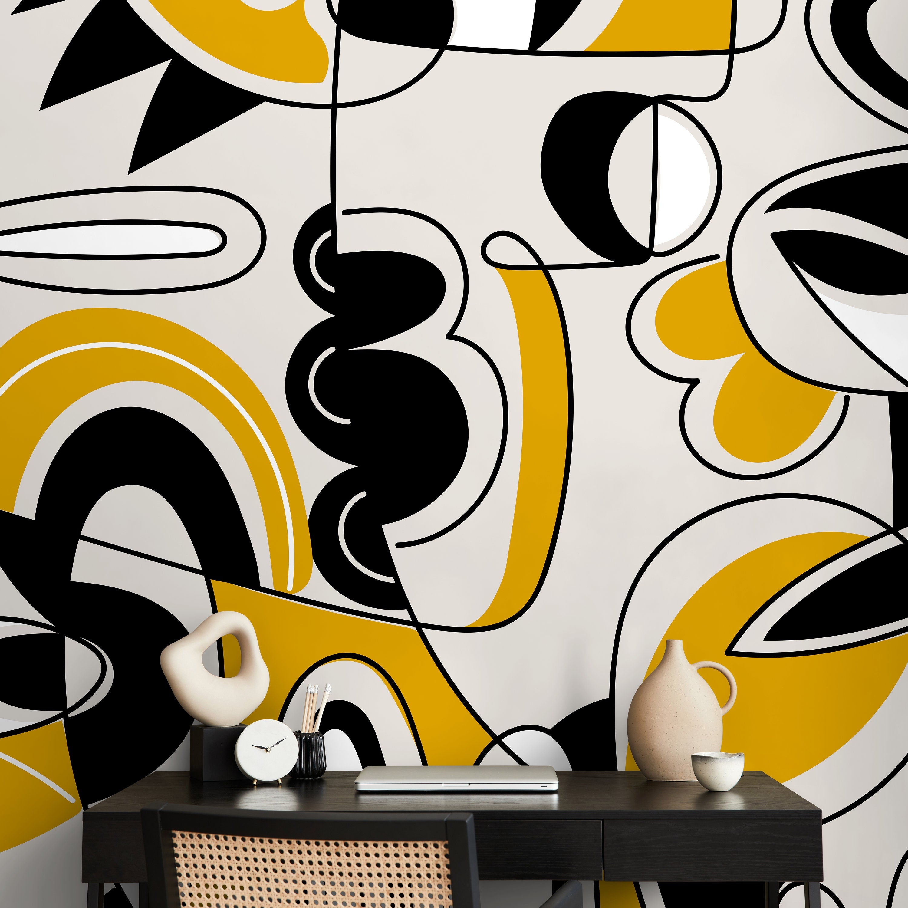 Abstract Wallpaper With A Bold Graphic Line Art Motif In Black, Yellow, And Gray - D560