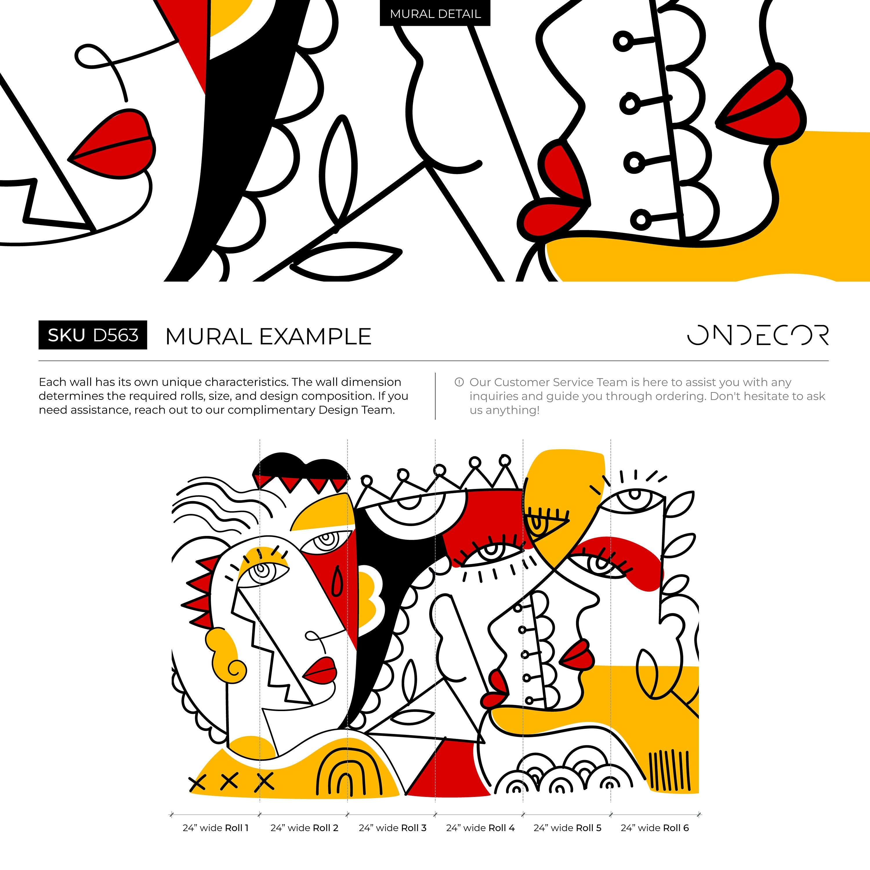 Abstract Wallpaper With A Cubist Face Mural In Red, Yellow, And Black - D563