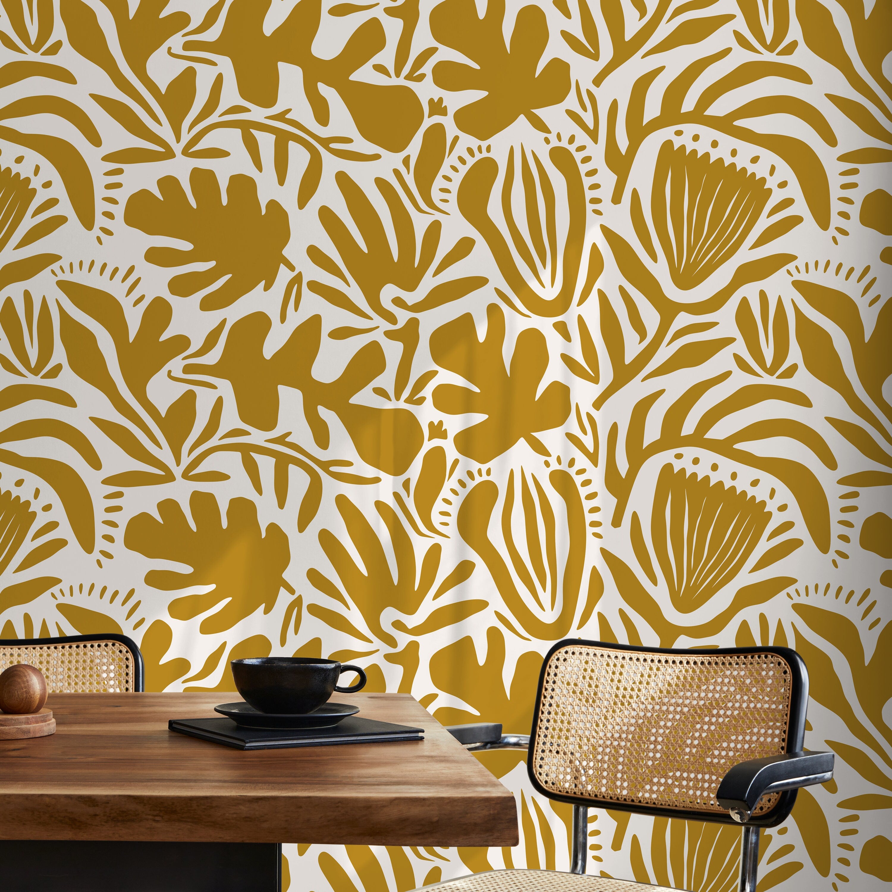 Abstract Wallpaper With A Folk Art Botanical Motif In Mustard Yellow - D708