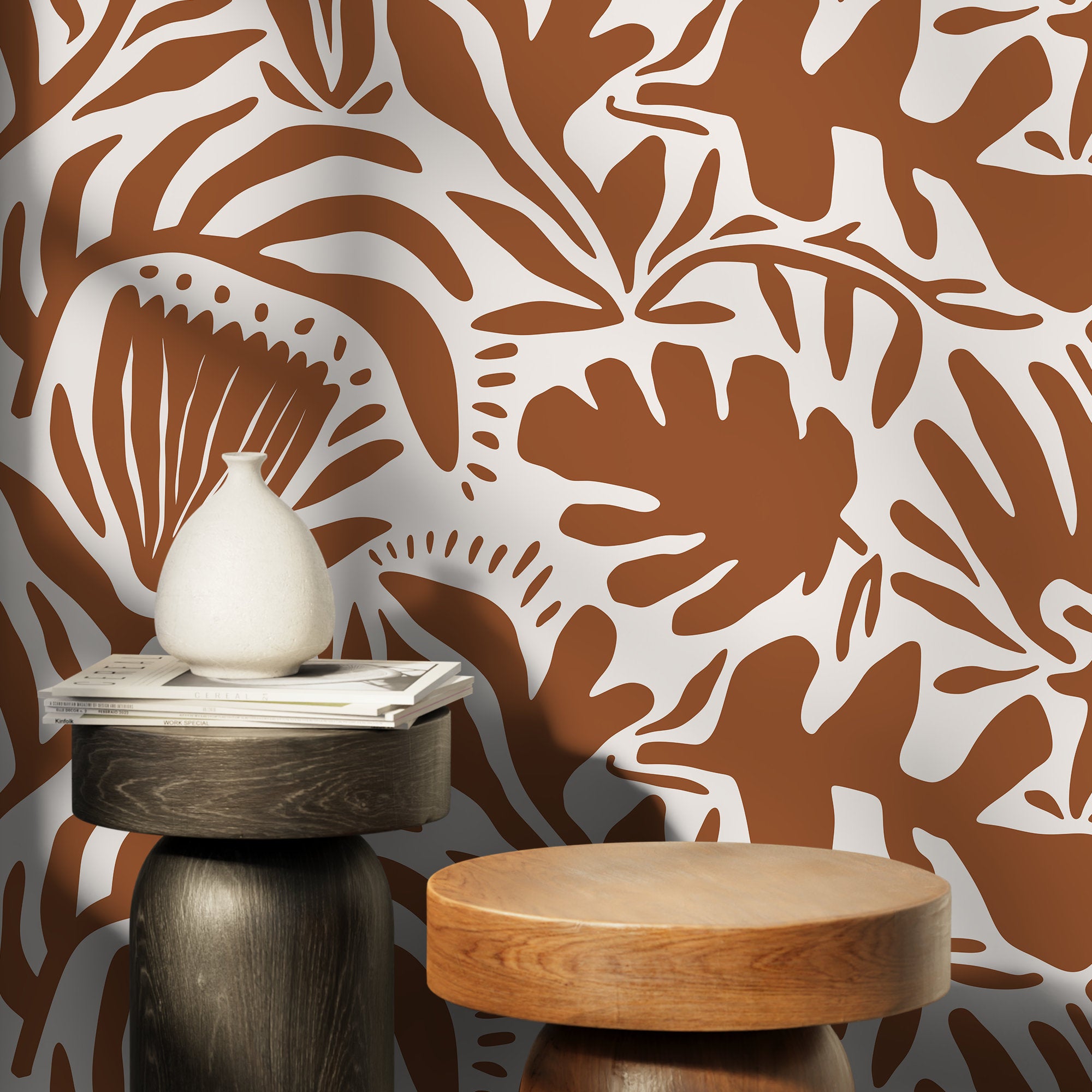 Abstract Floral Wallpaper With Bold Botanical Silhouettes In Terracotta - D709