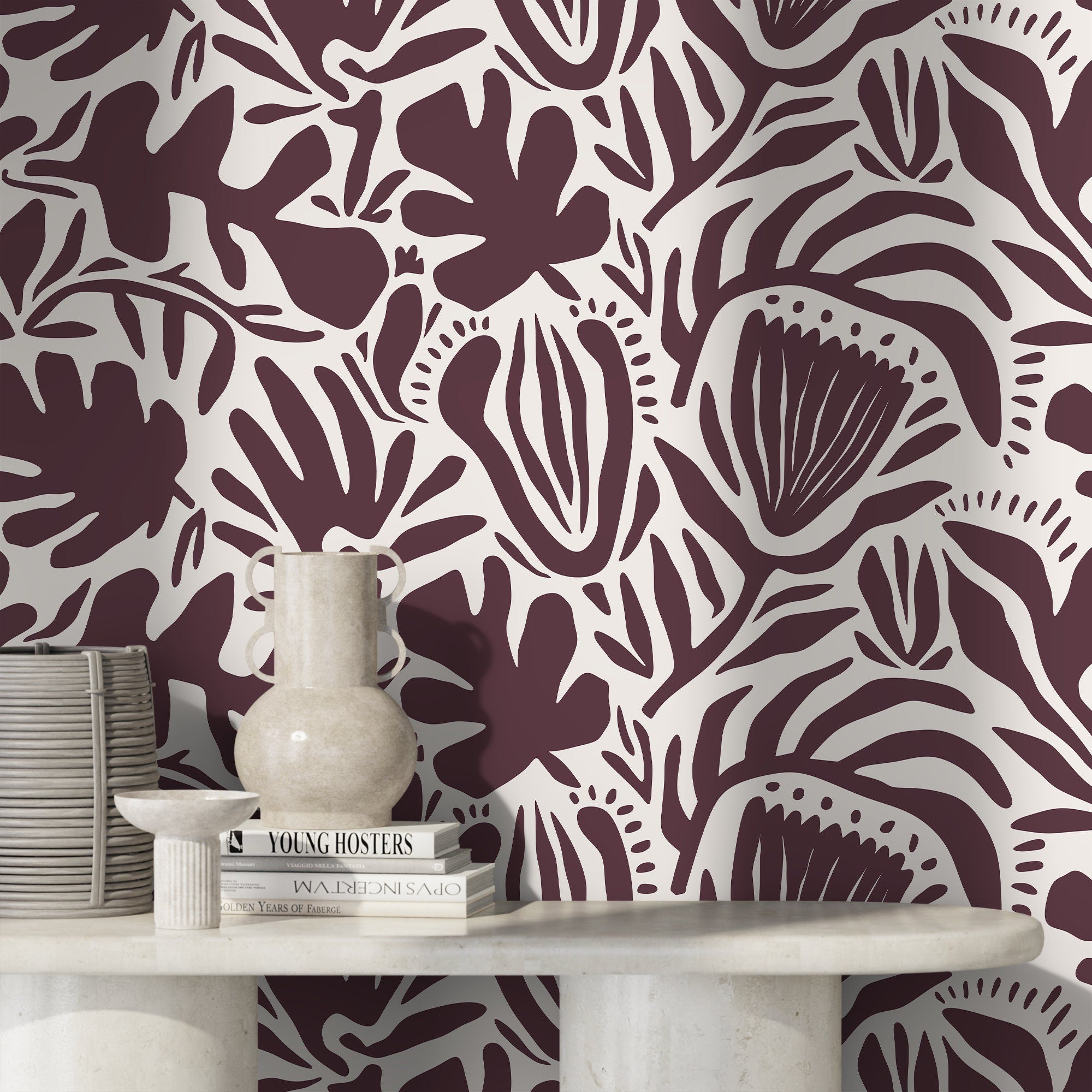 Abstract Floral Wallpaper With Bold Botanical Shapes In Purple And Off-white - D710
