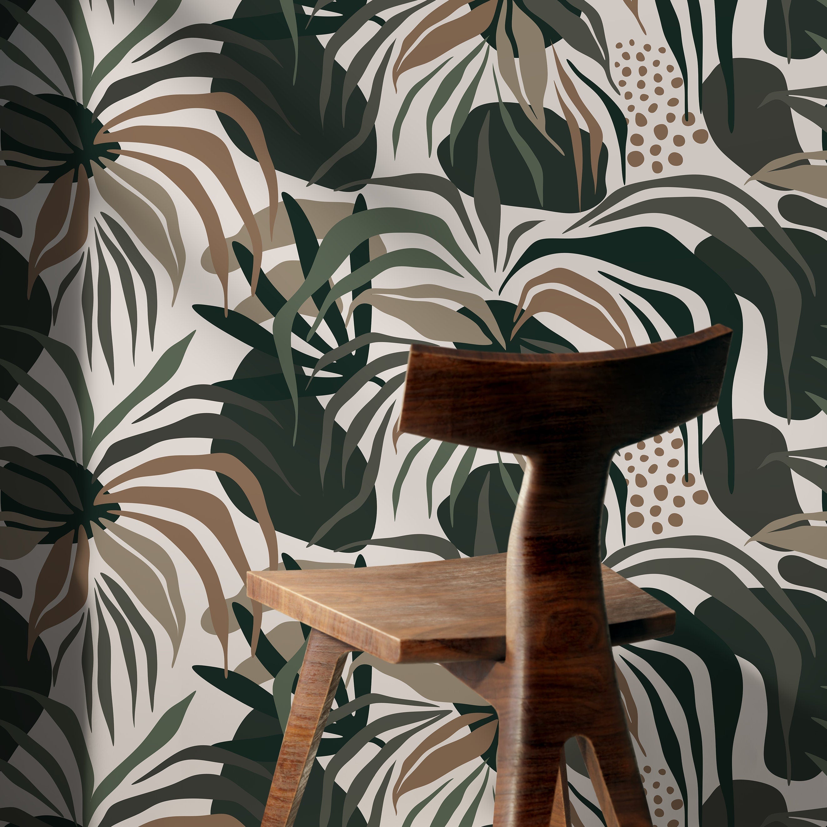 Tropical Wallpaper Featuring Abstract Foliage In Green And Brown - D711