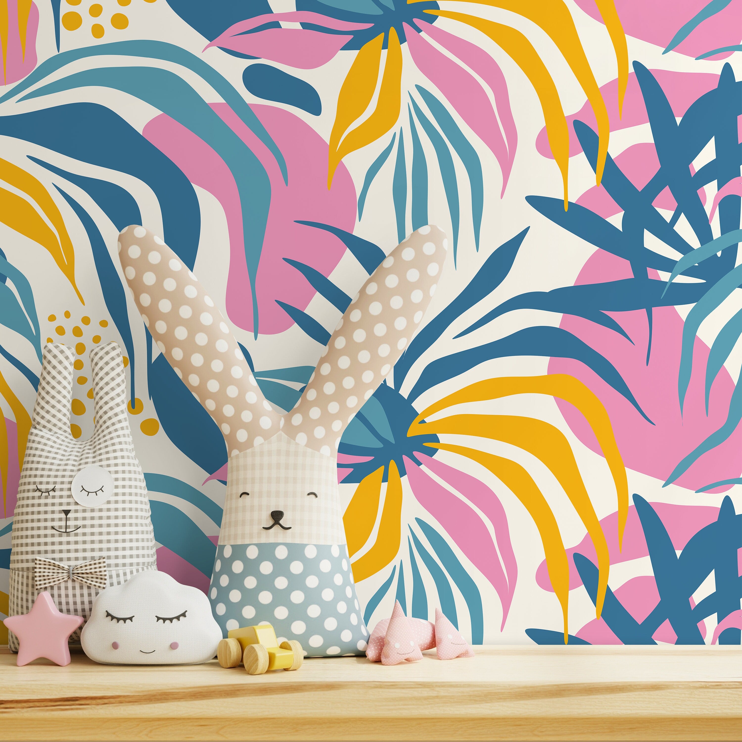 Tropical Wallpaper With Modern Abstract Leaves In Blue, Pink, And Yellow - D712