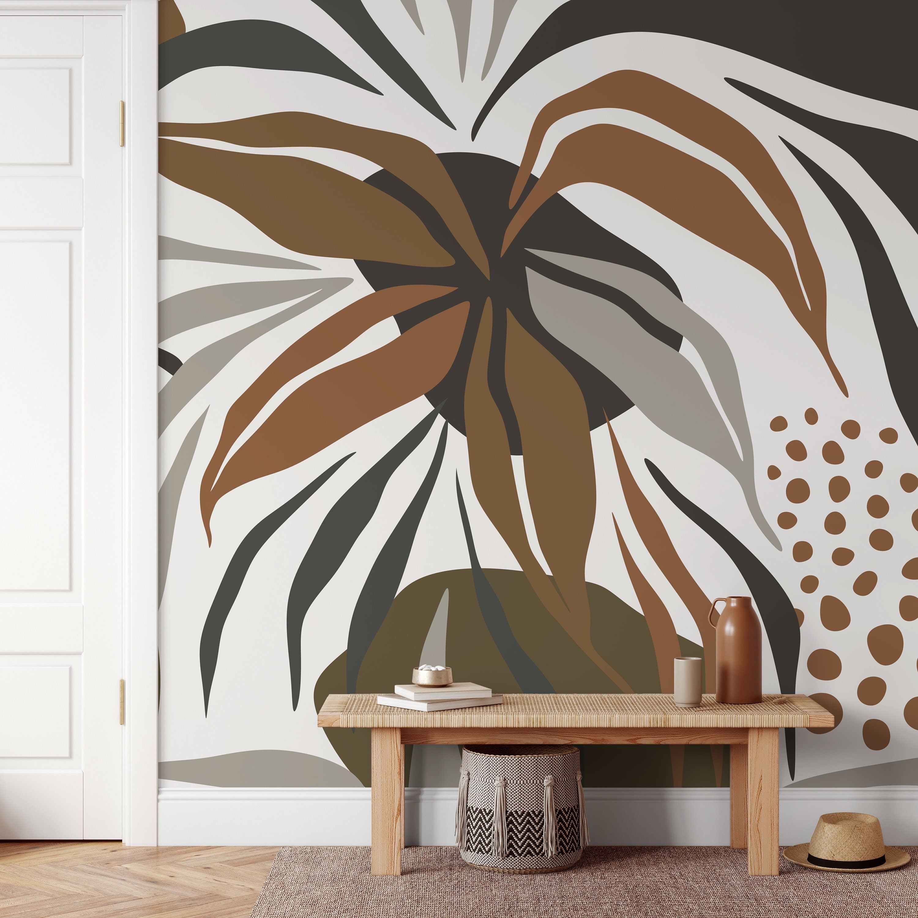 Botanical Wallpaper With Abstract Tropical Leaves In Brown, Green, And Gray - D714