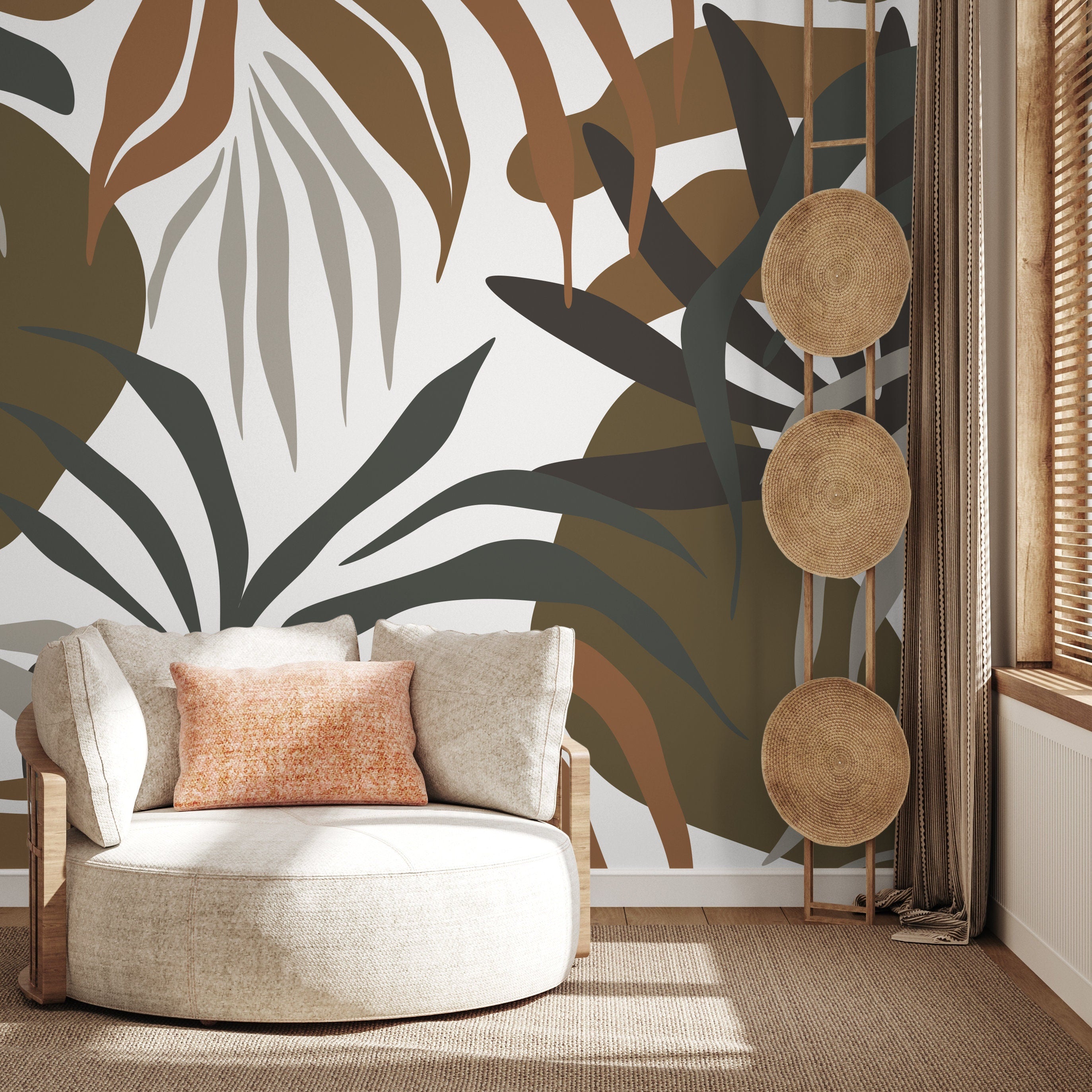 Botanical Wallpaper With Abstract Tropical Leaves In Brown, Green, And Gray - D714