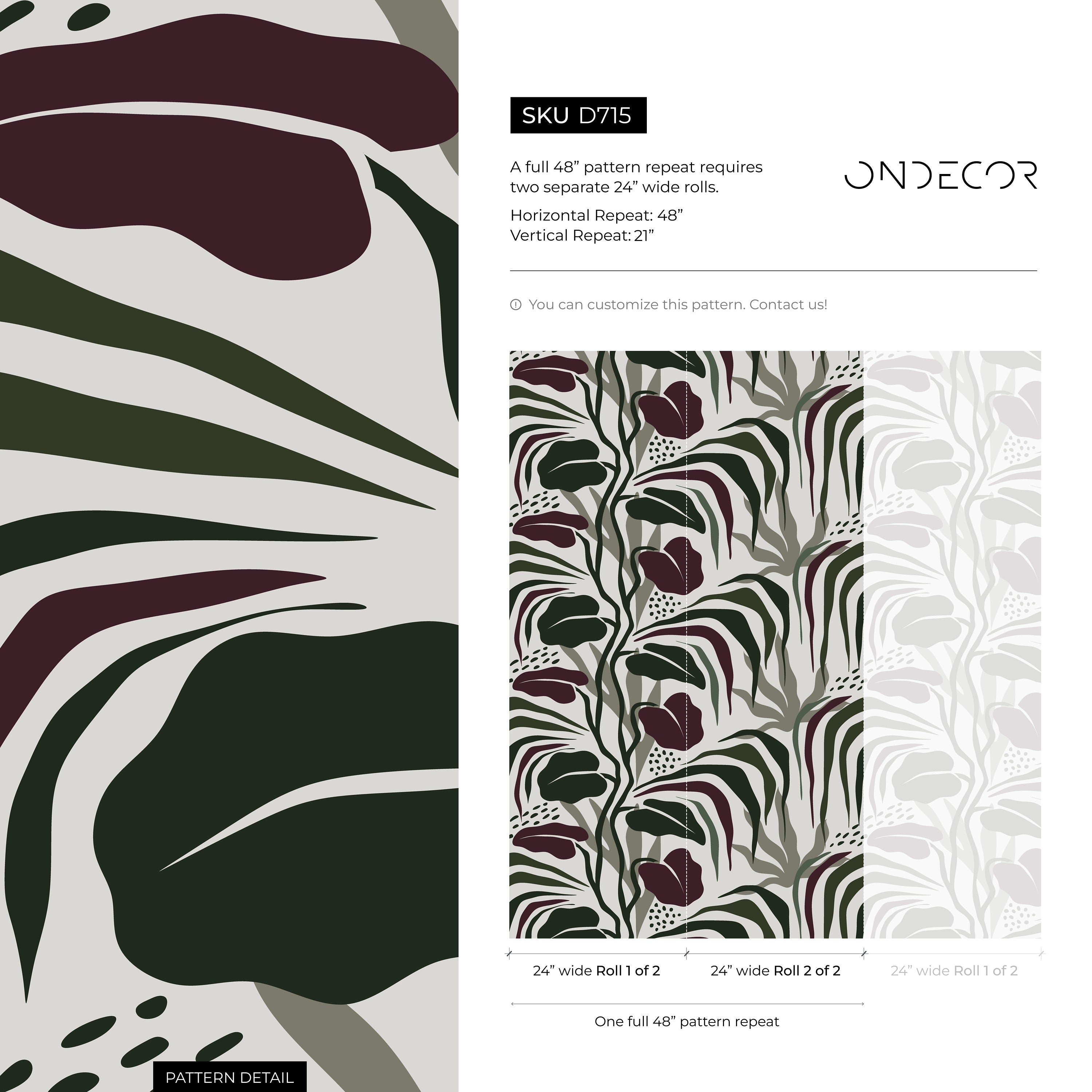 Abstract Wallpaper With A Modern Botanical Motif In Green, Burgundy, And Gray - D715