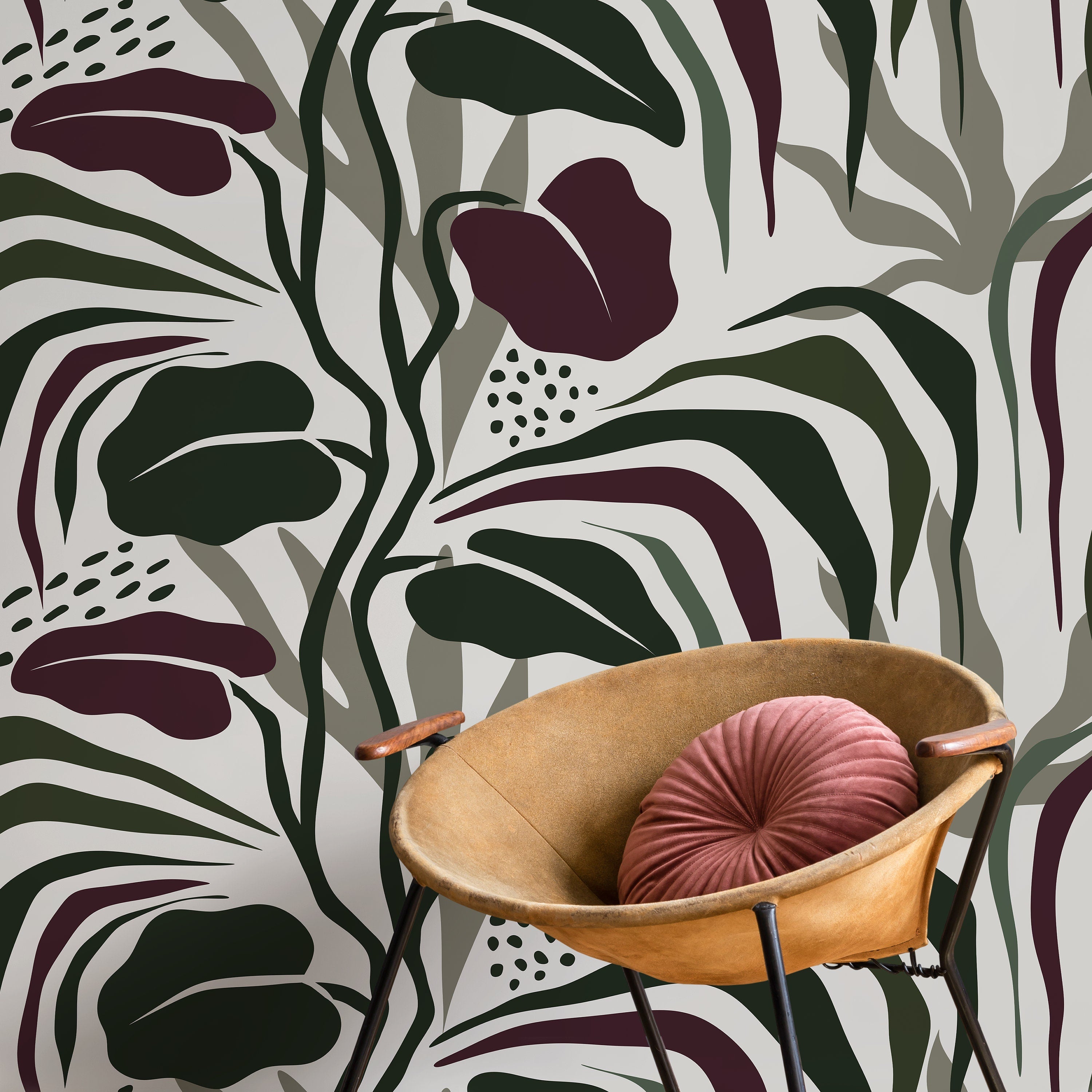 Abstract Wallpaper With A Modern Botanical Motif In Green, Burgundy, And Gray - D715