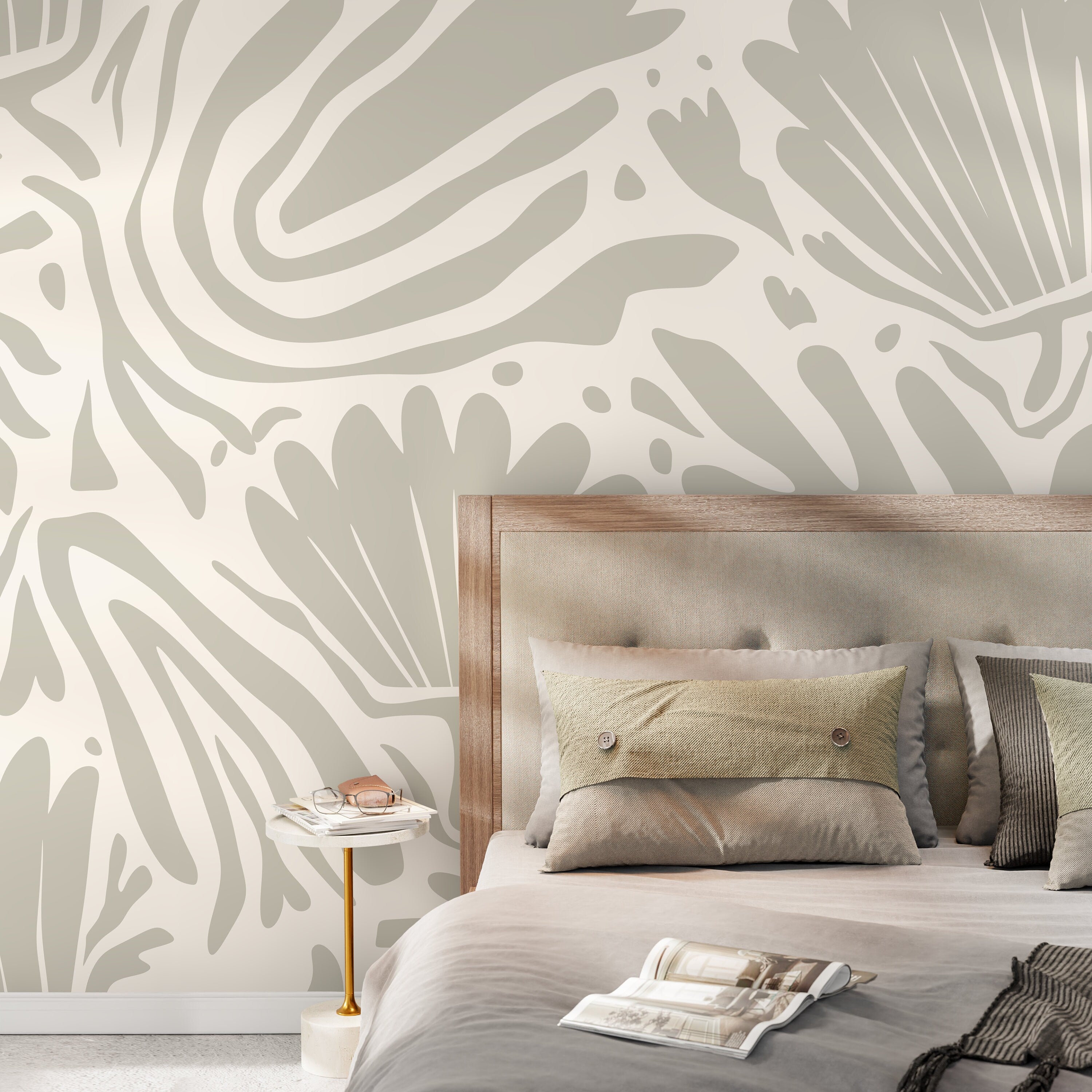 Abstract Botanical Wallpaper With Organic Leaf Shapes In Sage Green And Cream - D716