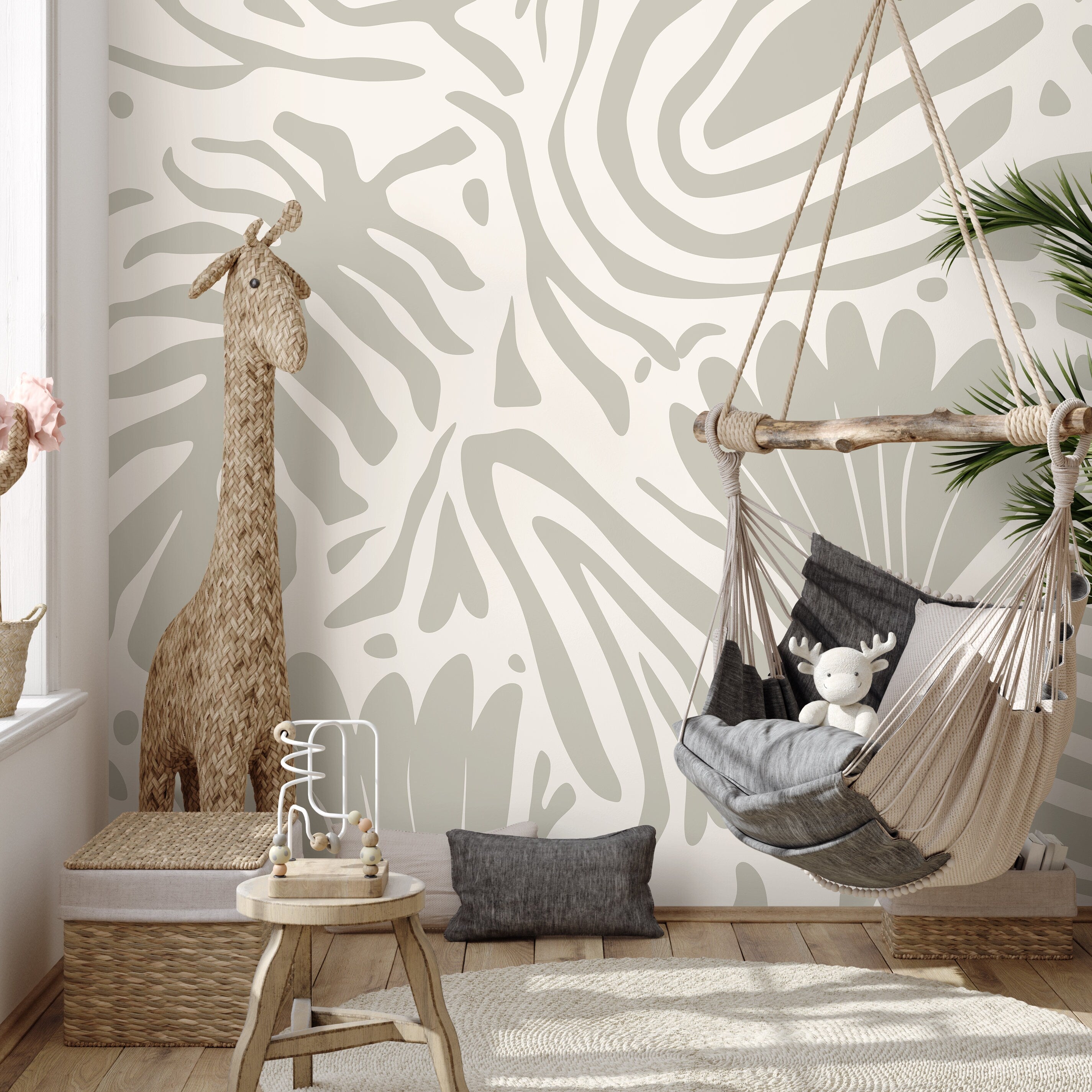 Abstract Botanical Wallpaper With Organic Leaf Shapes In Sage Green And Cream - D716