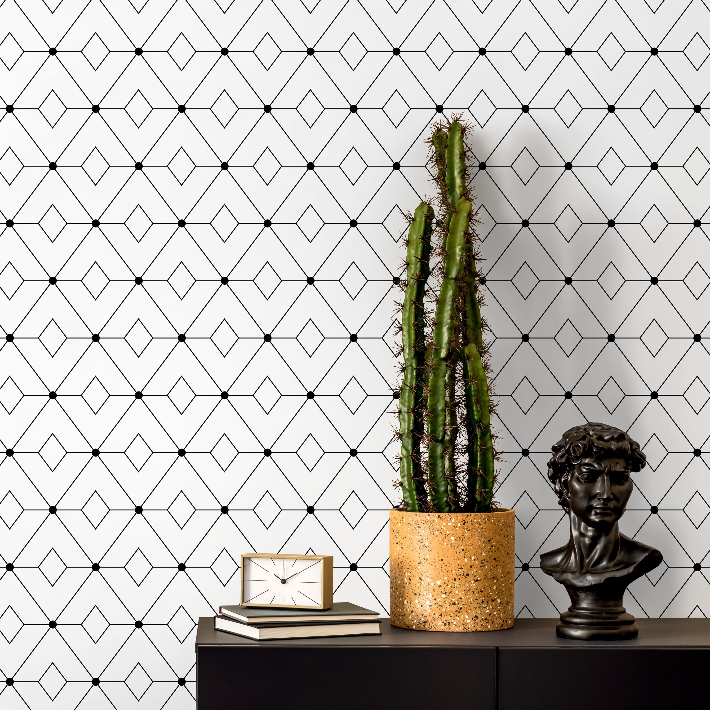 Geometric Wallpaper With A Modern Diamond Line Motif In Black And White - B106