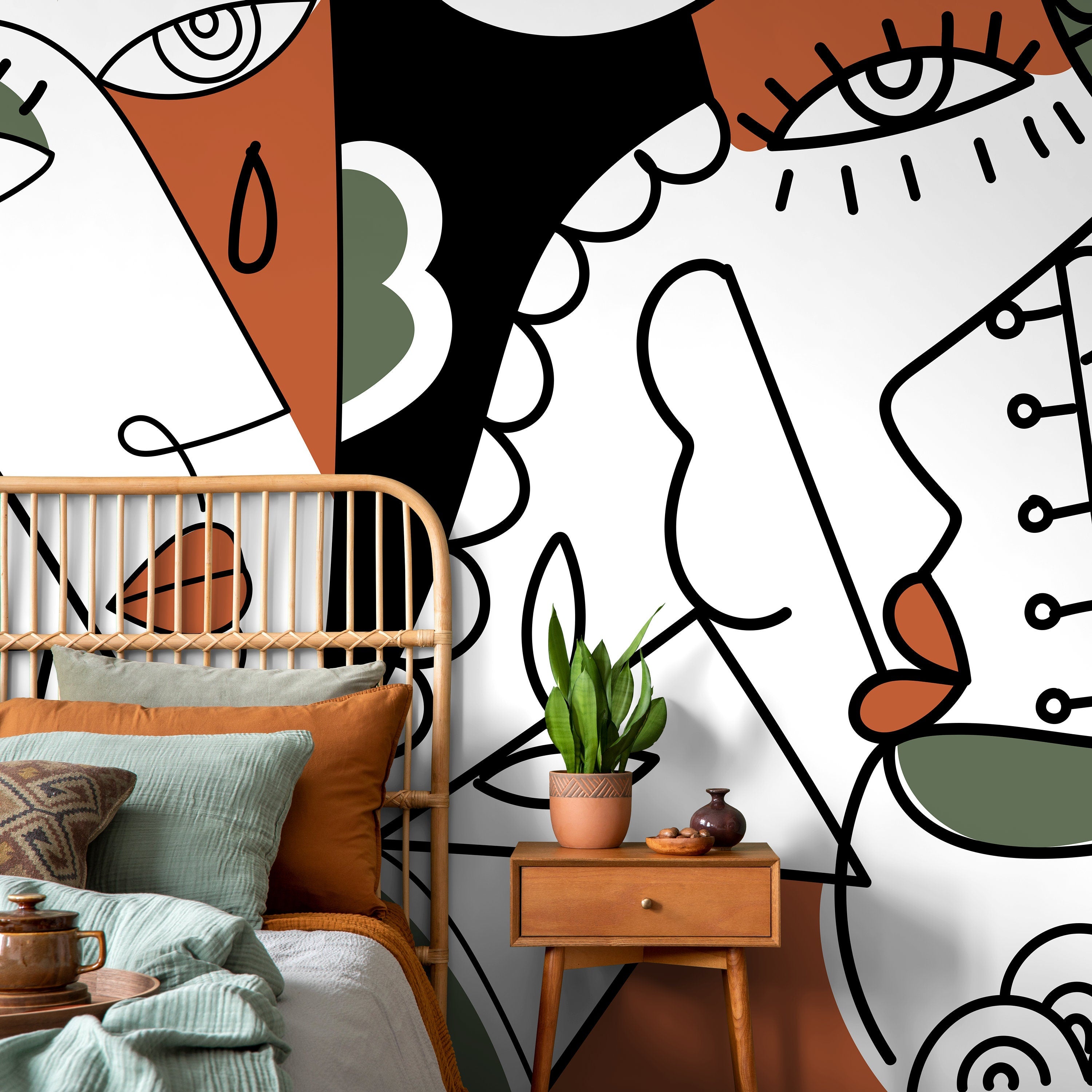 Cubism Wallpaper With Abstract Portraits In Black, Green, And Terracotta - D564