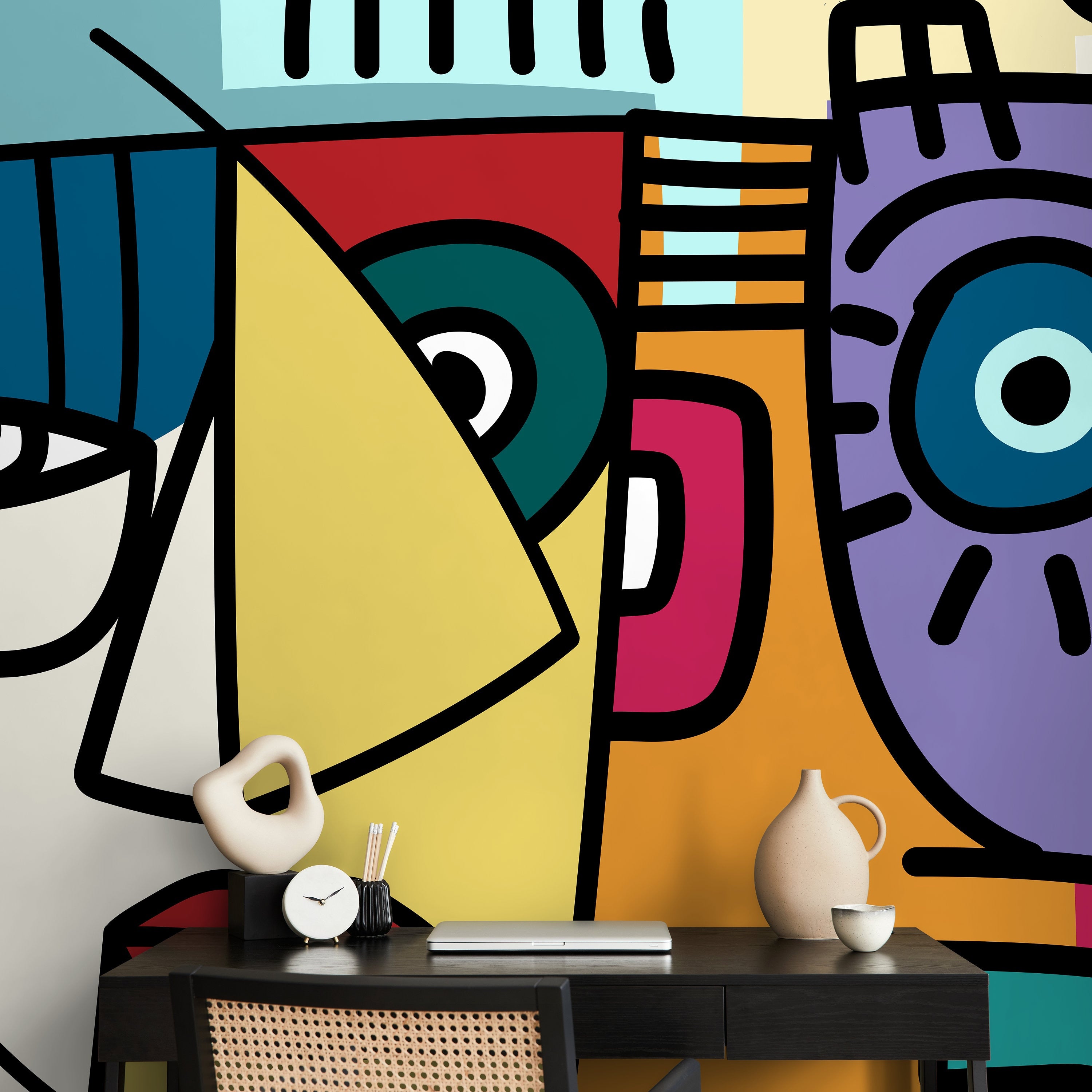 Cubism Wallpaper With Abstract Faces In Yellow, Blue, And Red - D566