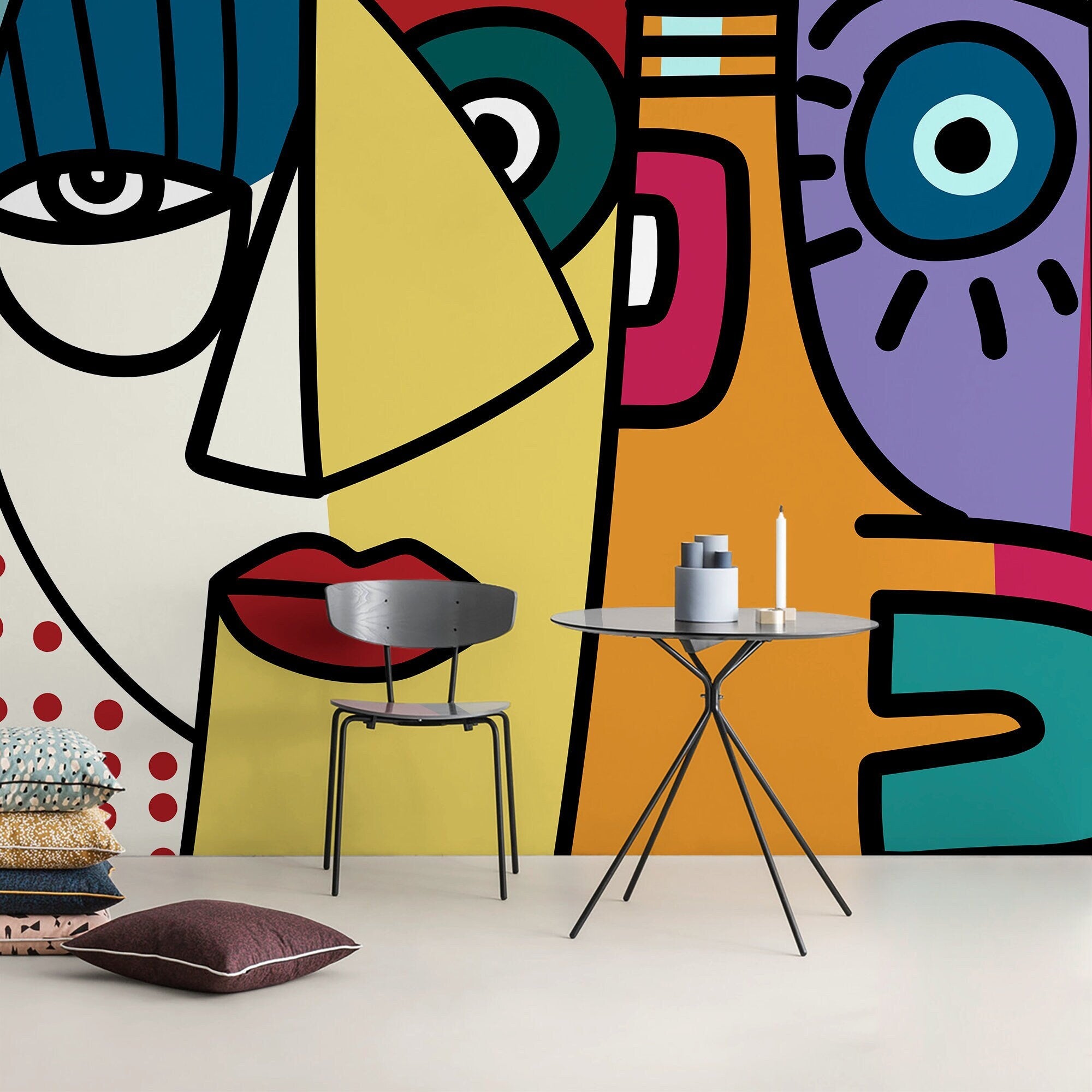 Cubism Wallpaper With Abstract Faces In Yellow, Blue, And Red - D566