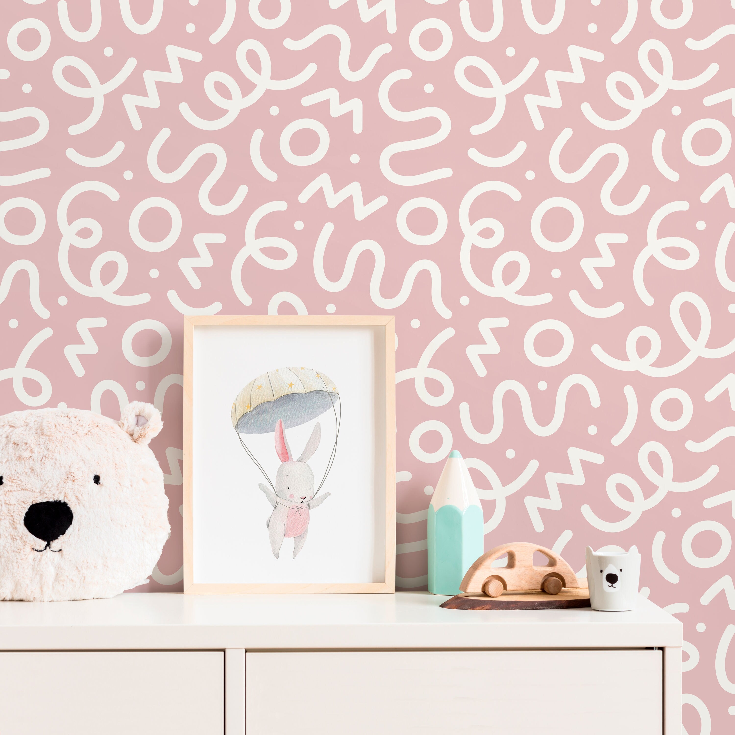 Abstract Wallpaper With Playful Squiggles In Pink And White - D577