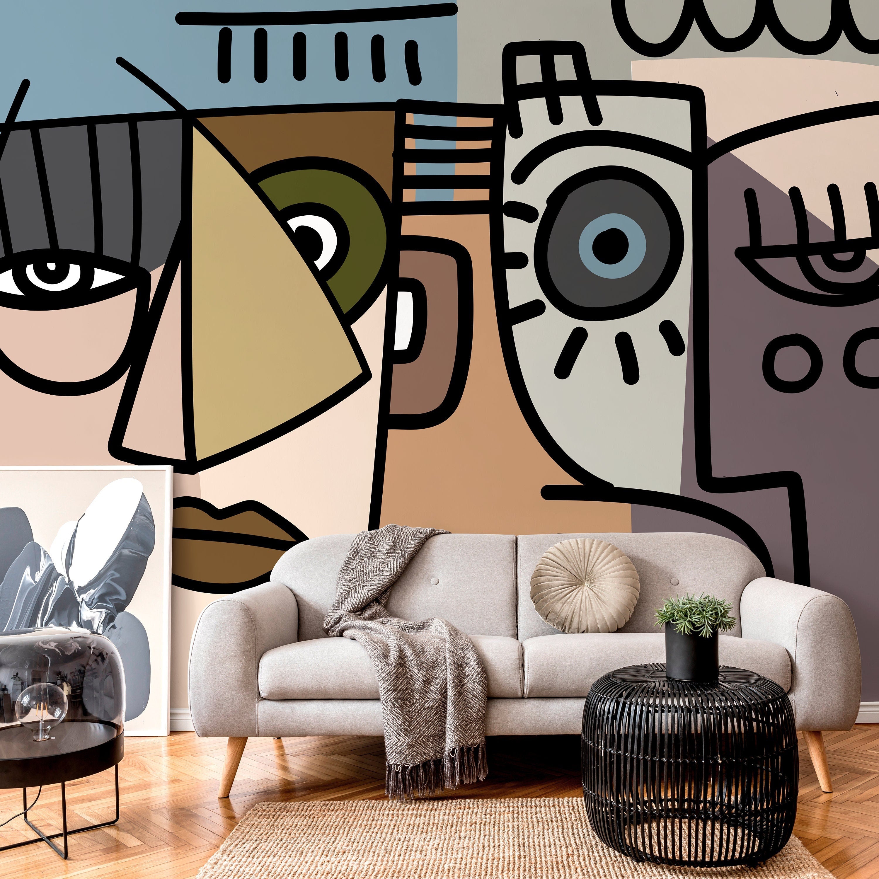 Cubism Wallpaper Featuring Abstract Faces In Brown, Blue, And Gray - D567