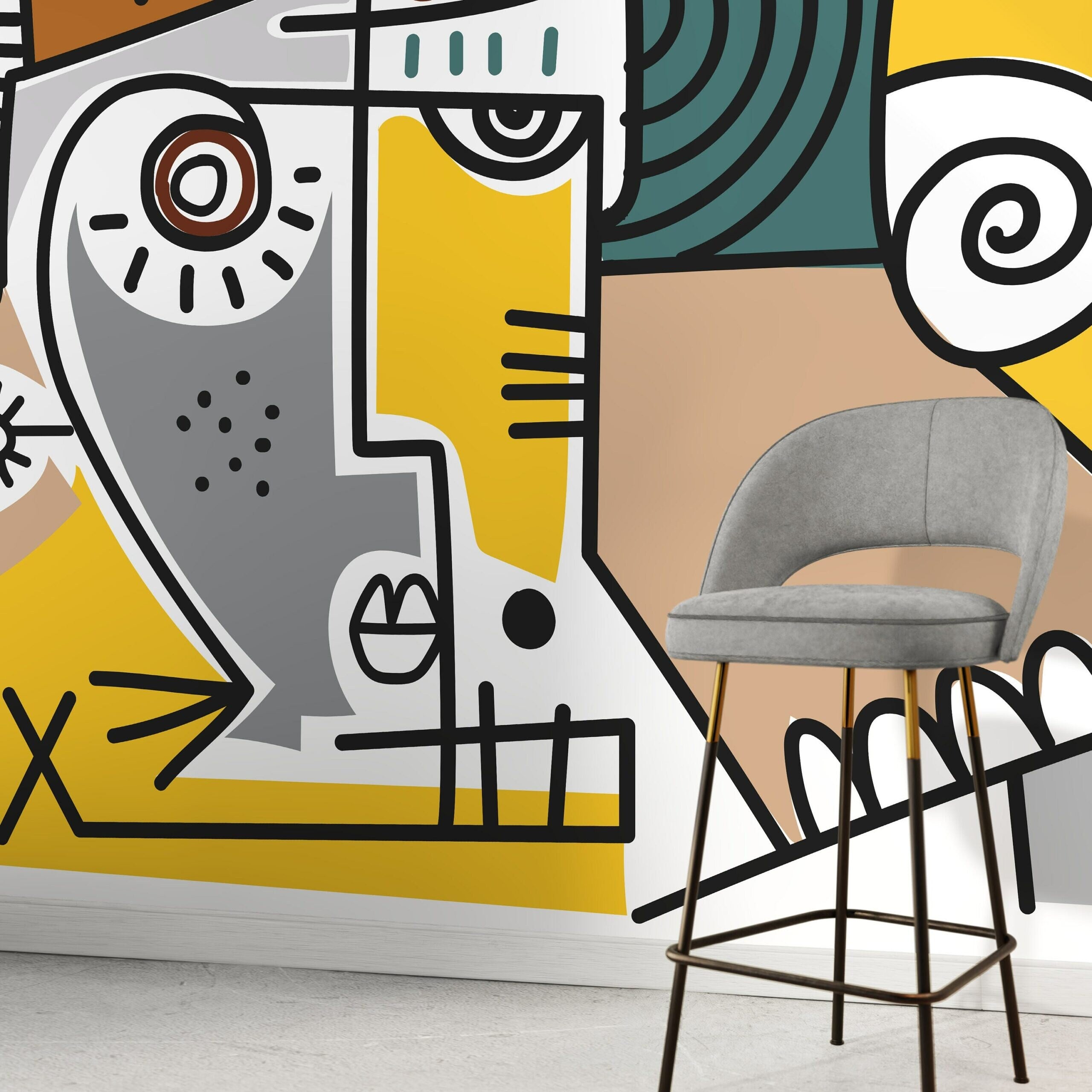 Cubism Wallpaper With A Bold Abstract Face In Yellow, Gray, And Brown - D570