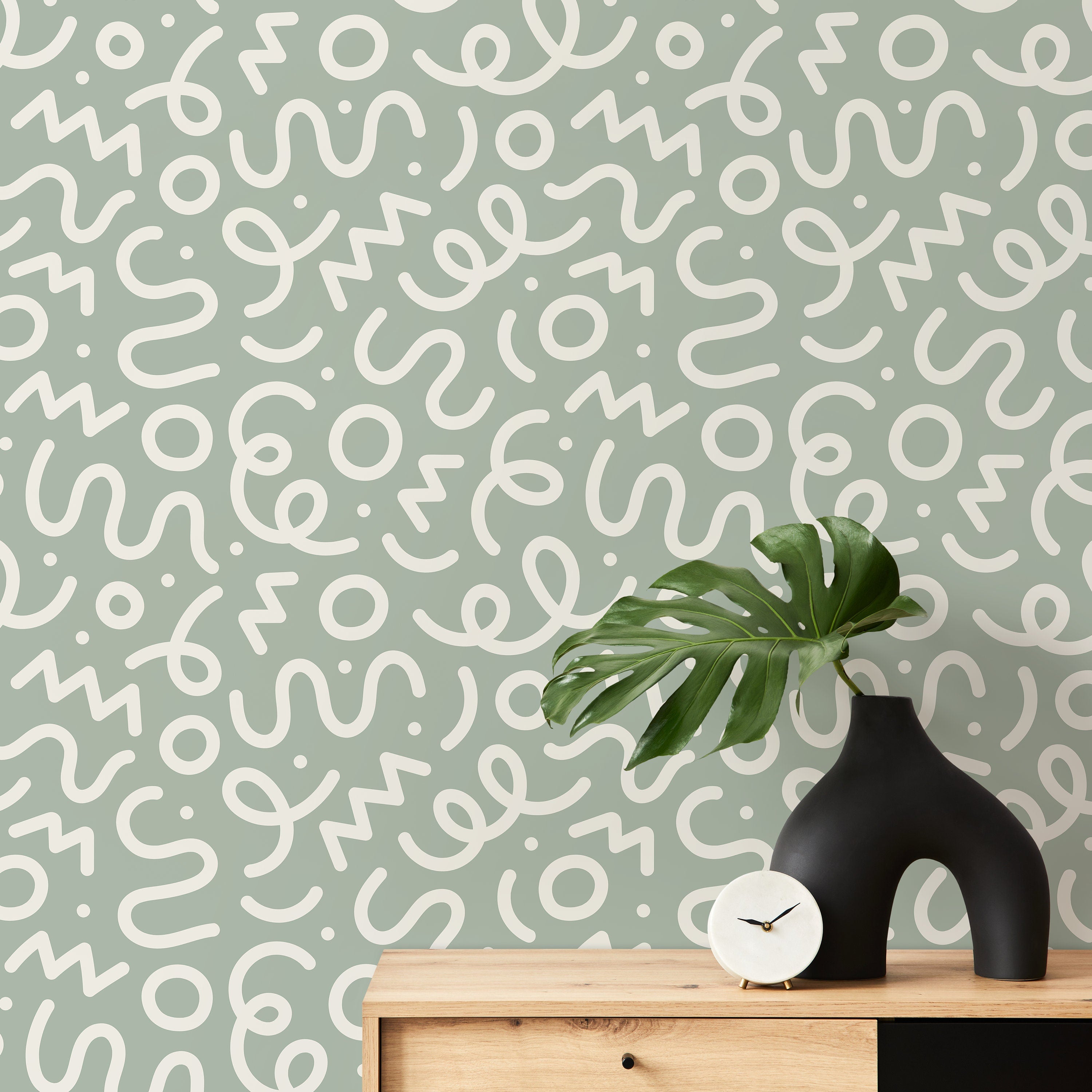 Abstract Wallpaper With A Medley Of Squiggles In Sage Green And White - D573