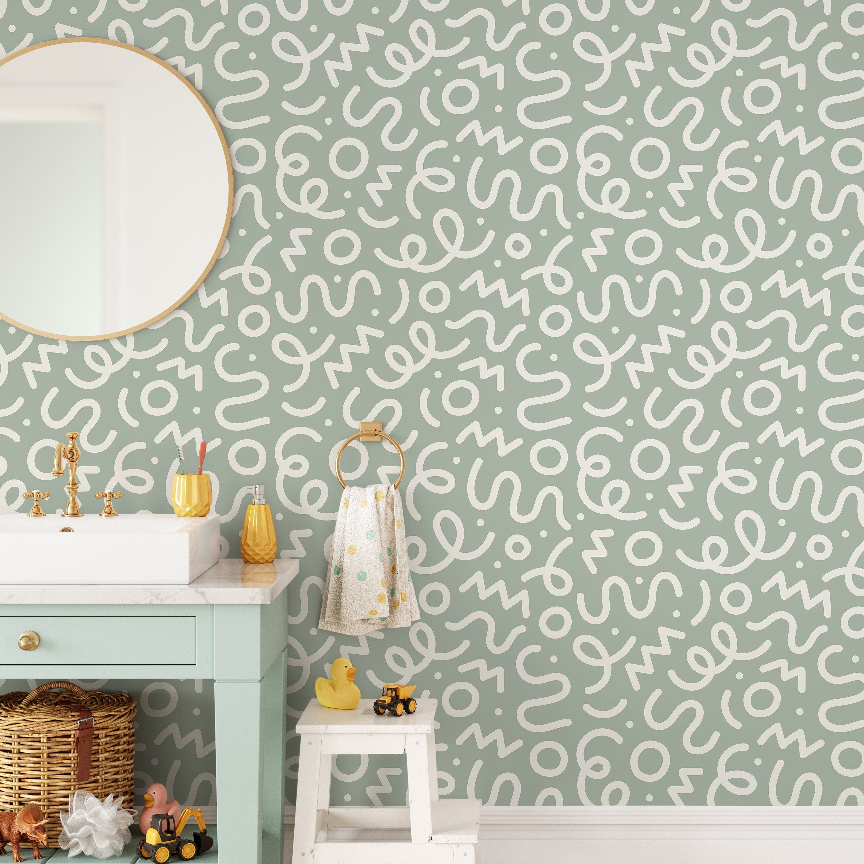 Abstract Wallpaper With A Medley Of Squiggles In Sage Green And White - D573