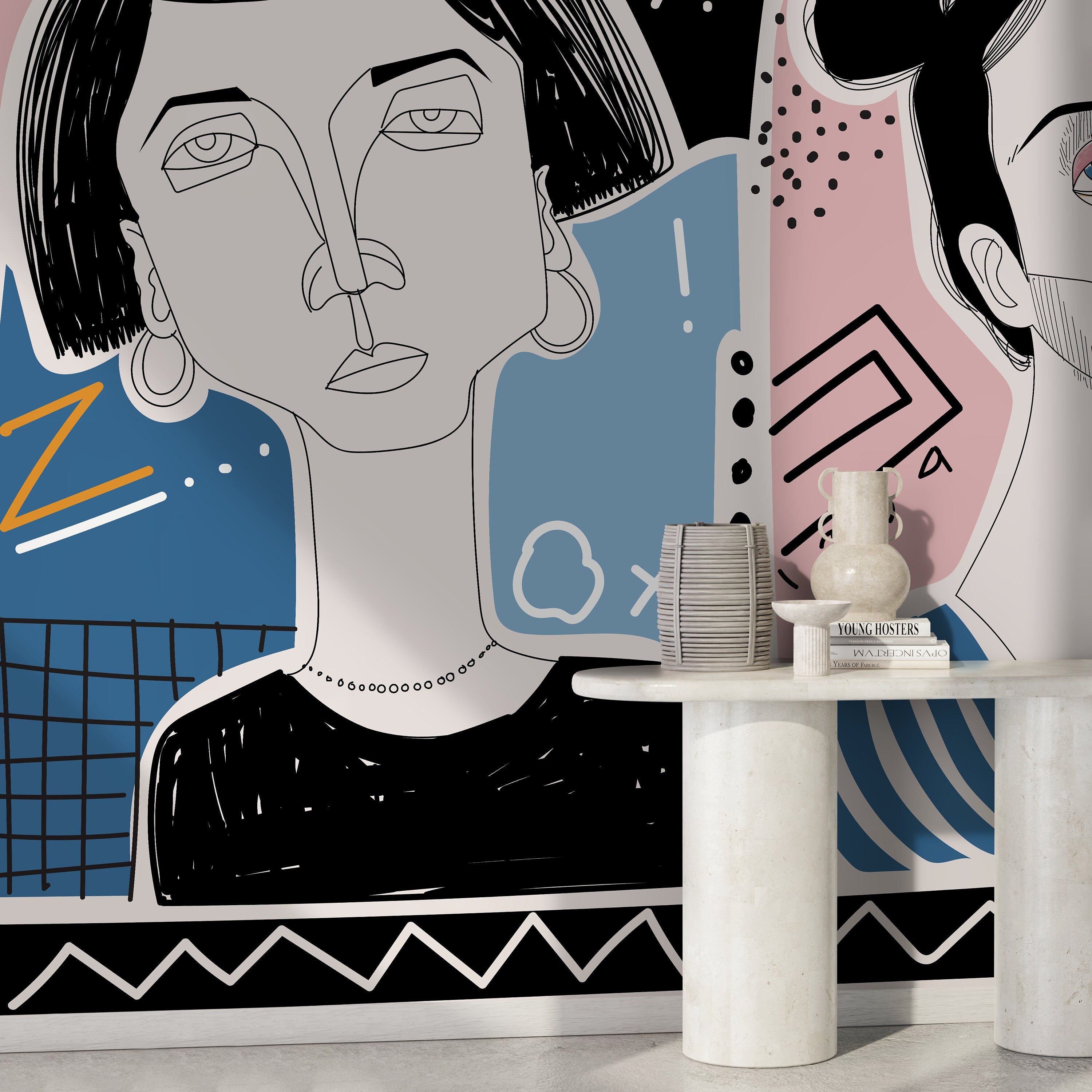 Abstract Wallpaper With Modern Line Art Faces In Pink, Blue, And Black - D580