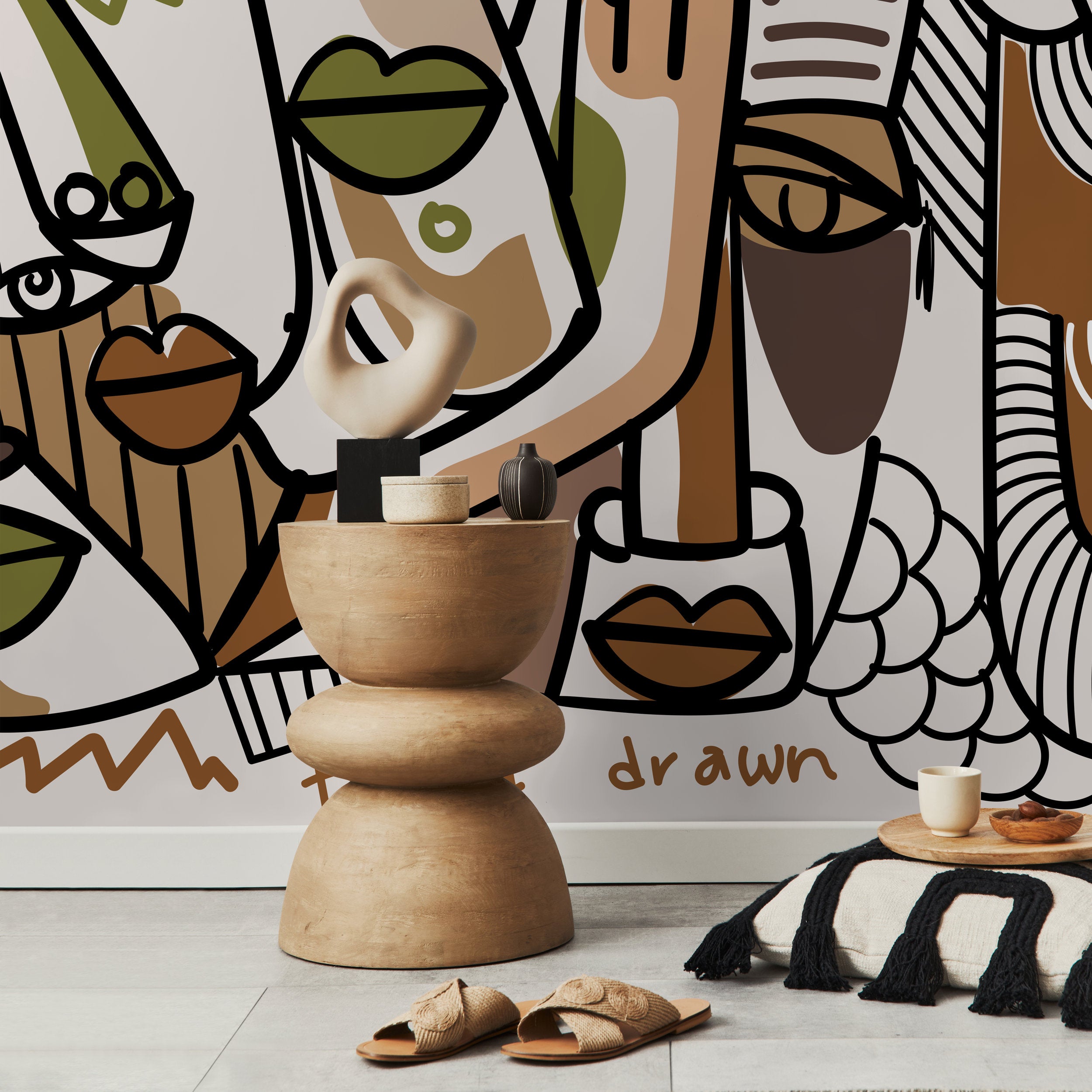 Cubism Wallpaper Inspired By Picasso Faces In Black, Green, And Beige - D581