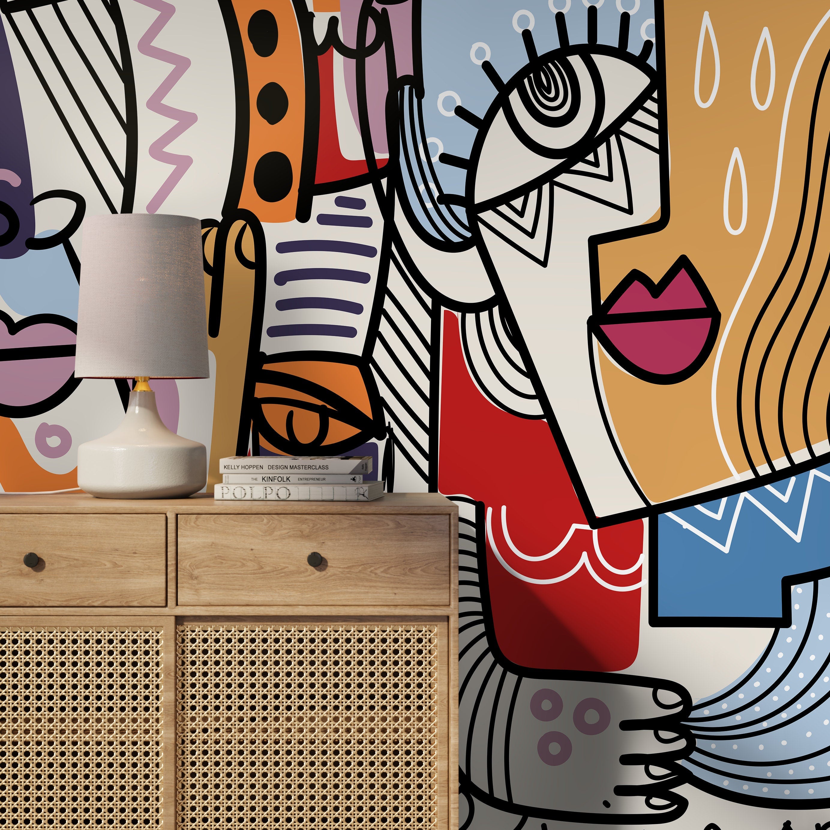 Abstract Wallpaper With Modern Line Art Faces In Red, Blue, And Yellow - D582