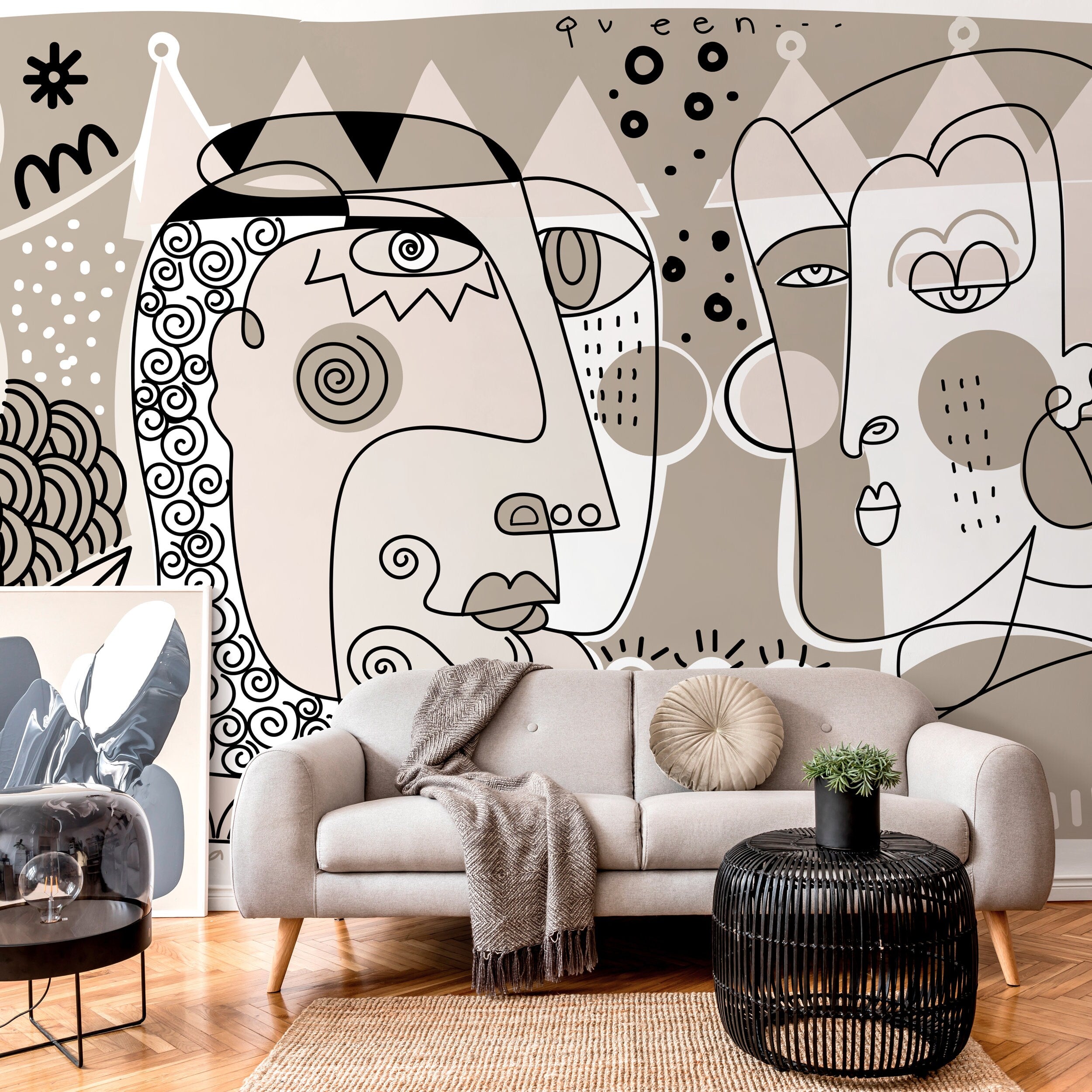 Abstract Wallpaper With Hand-drawn Line Art Faces In Beige, Black, And White - D583