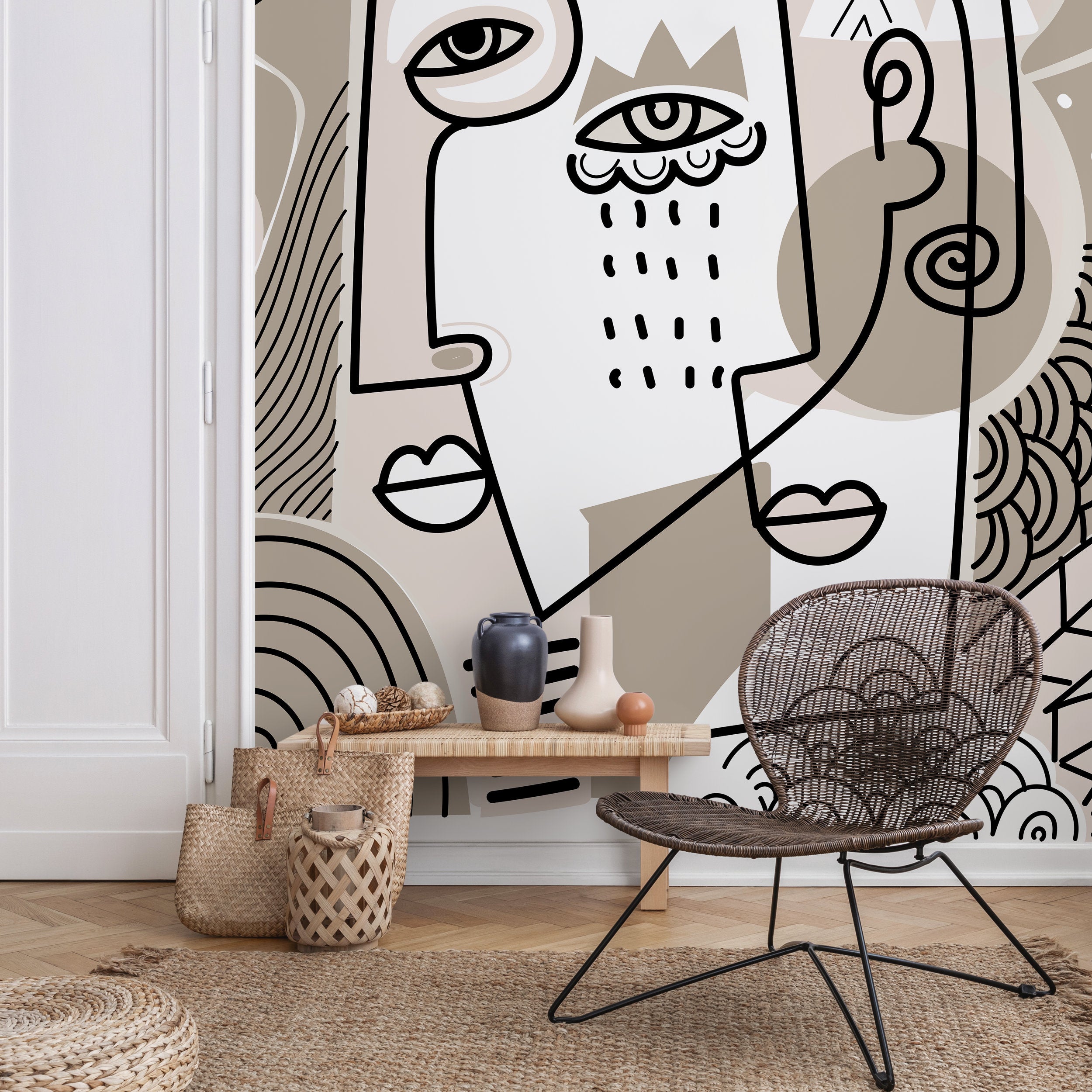 Abstract Wallpaper With Hand-drawn Line Art Faces In Beige, Black, And White - D583
