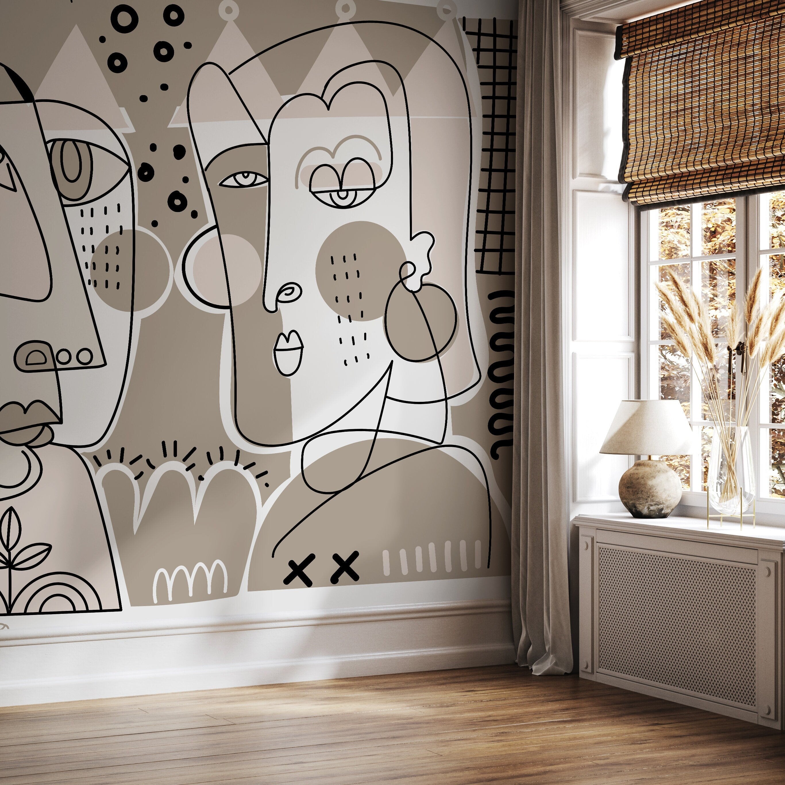 Abstract Wallpaper With Hand-drawn Line Art Faces In Beige, Black, And White - D583