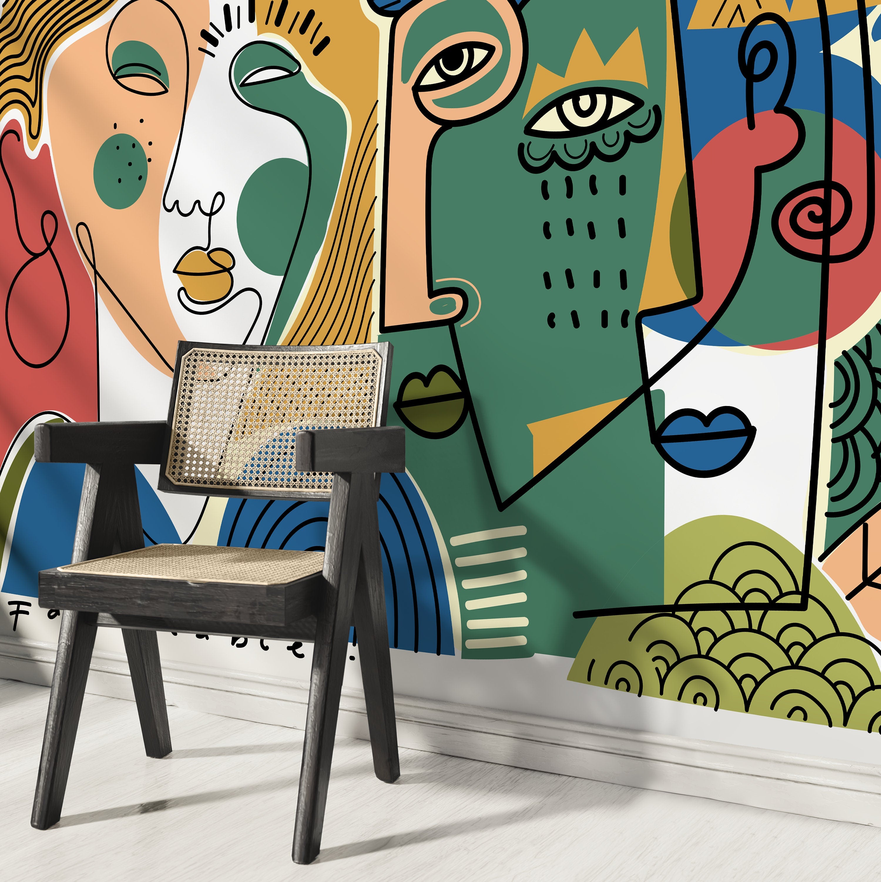 Abstract Wallpaper With A Cubist Face Motif In Yellow, Blue, And Red - D584