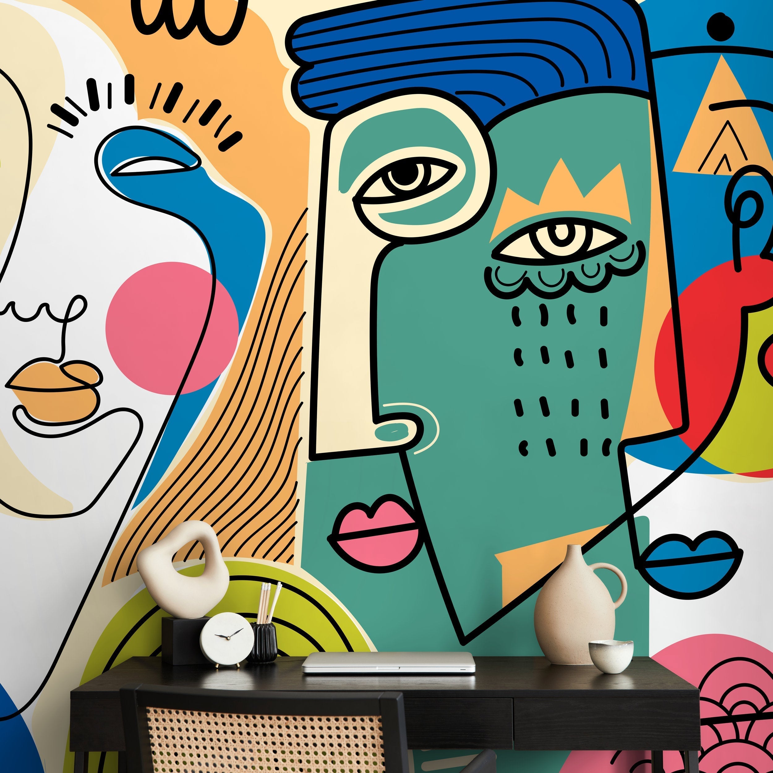 Cubism Wallpaper With Abstract Faces In Red, Blue, And Yellow - D585