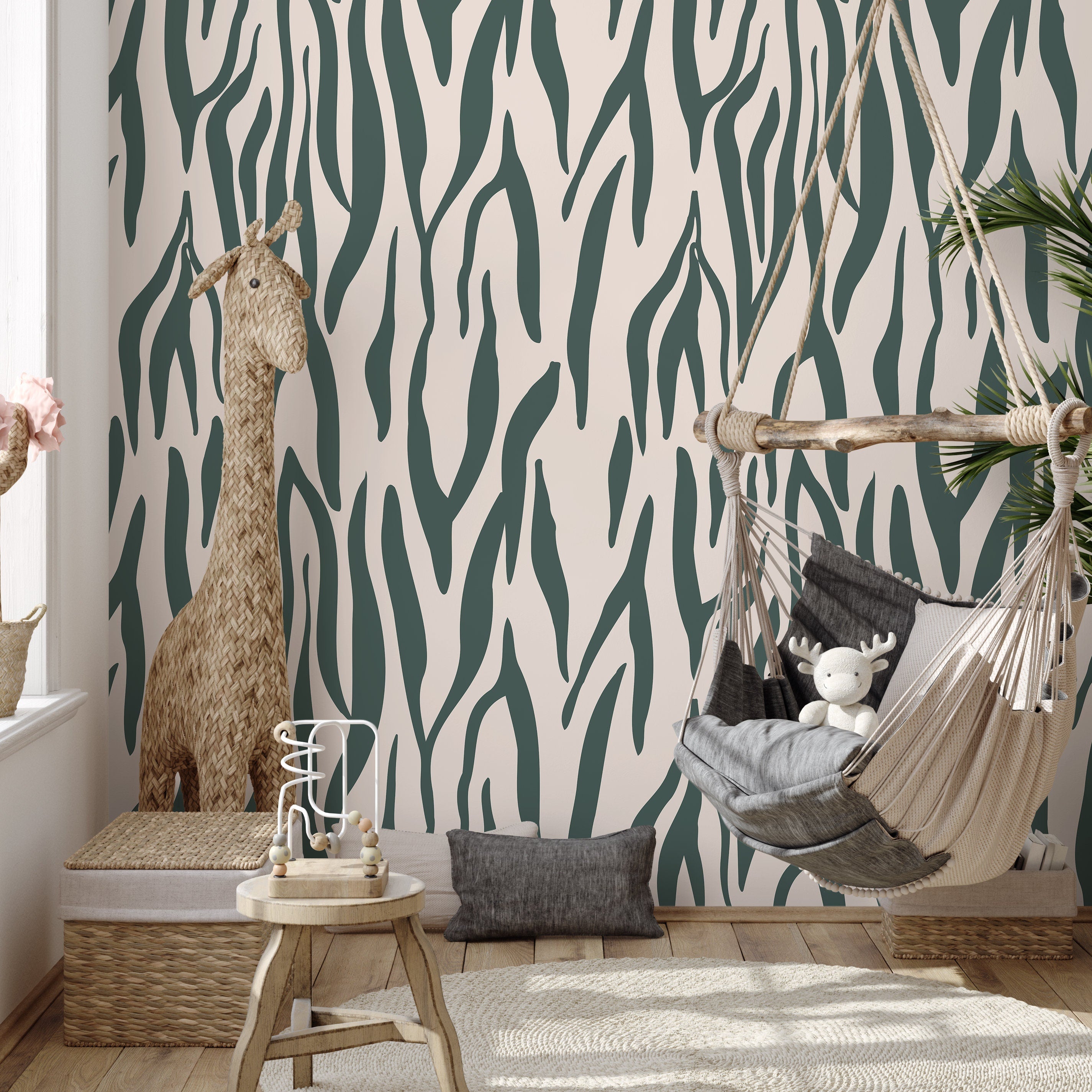 Abstract Wallpaper With An Organic Stripe Motif In Green And Beige - D609