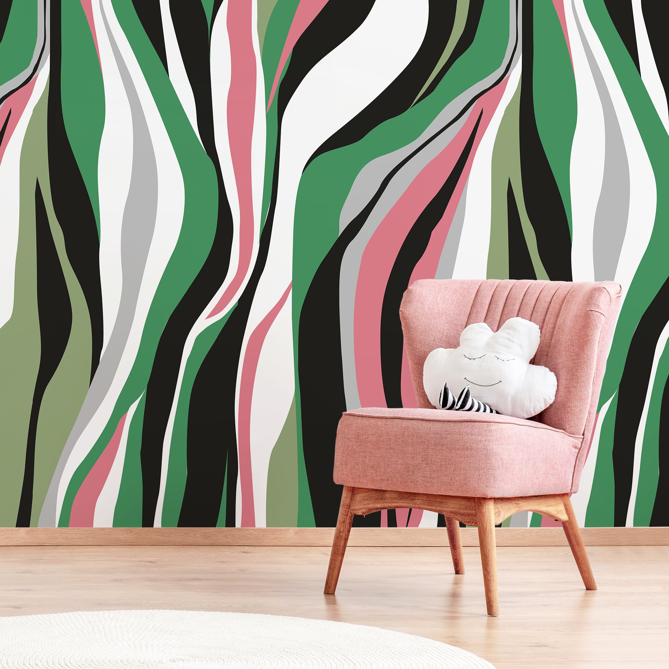 Abstract Wallpaper With Flowing Organic Waves In Green, Pink, And Black - D611